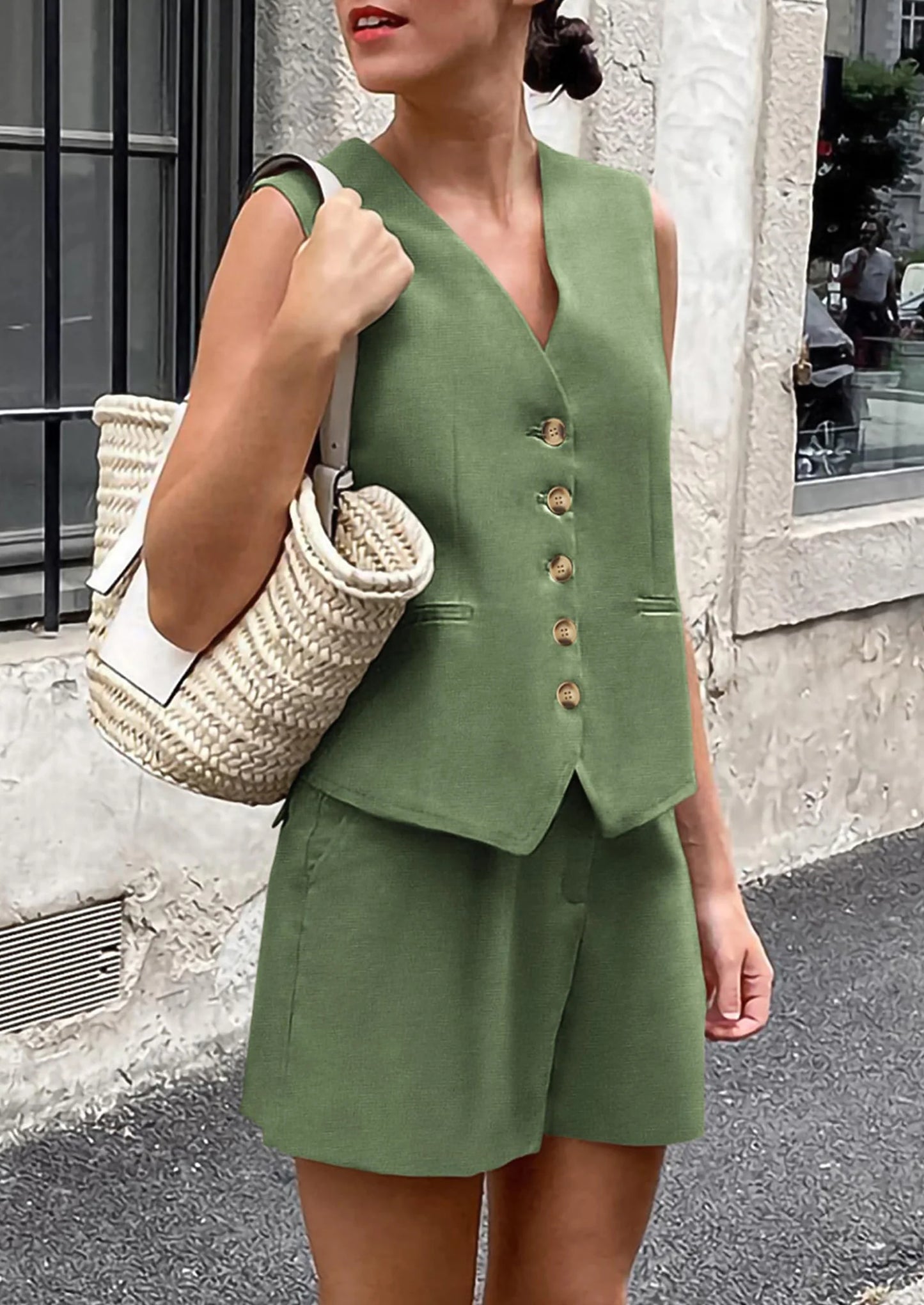 Women's Summer 2 Piece Outfits Sleeveless Matching Sets Button Down V Neck Vest Waistcoat and Pockets Shorts
