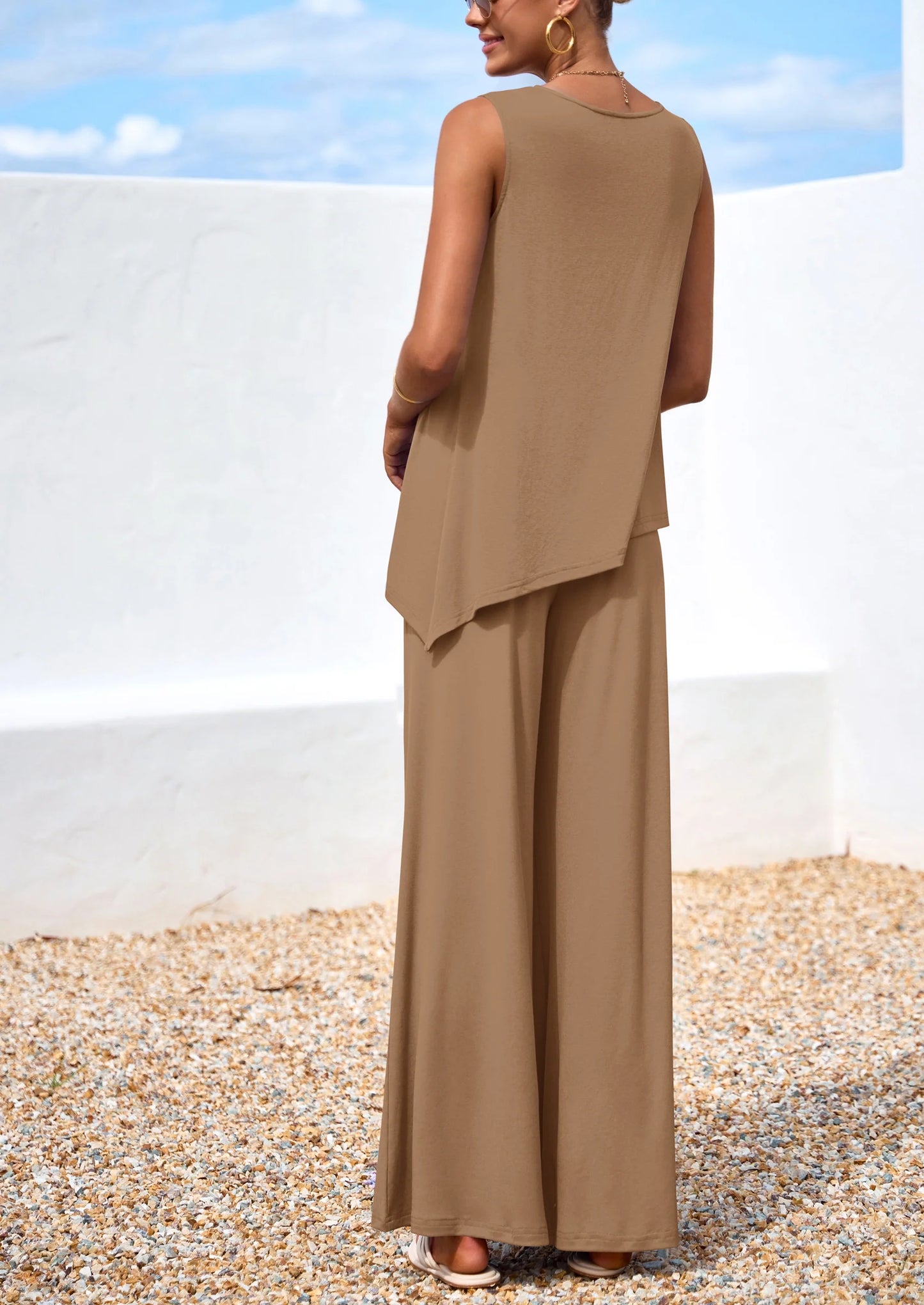 Women's Two Piece Matching Lounge Sets Asymmetrical Split Tank Tops Wide Leg Pants Summer Outfits Tracksuit