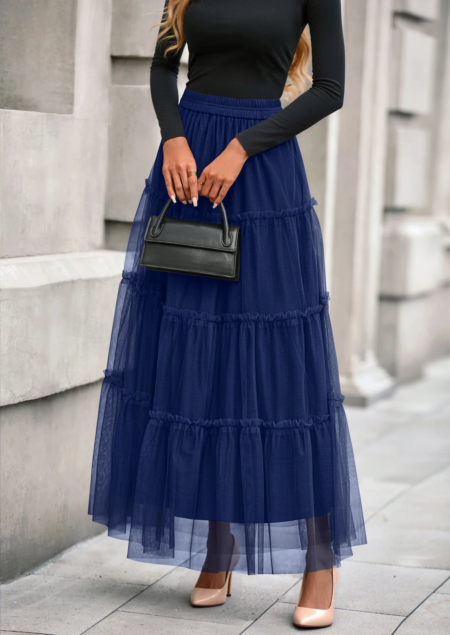 Maxi Skirts for Women Fall Tulle High Waisted Ruffle Flowy A-Line Long Skirt Country Concert Outfits
