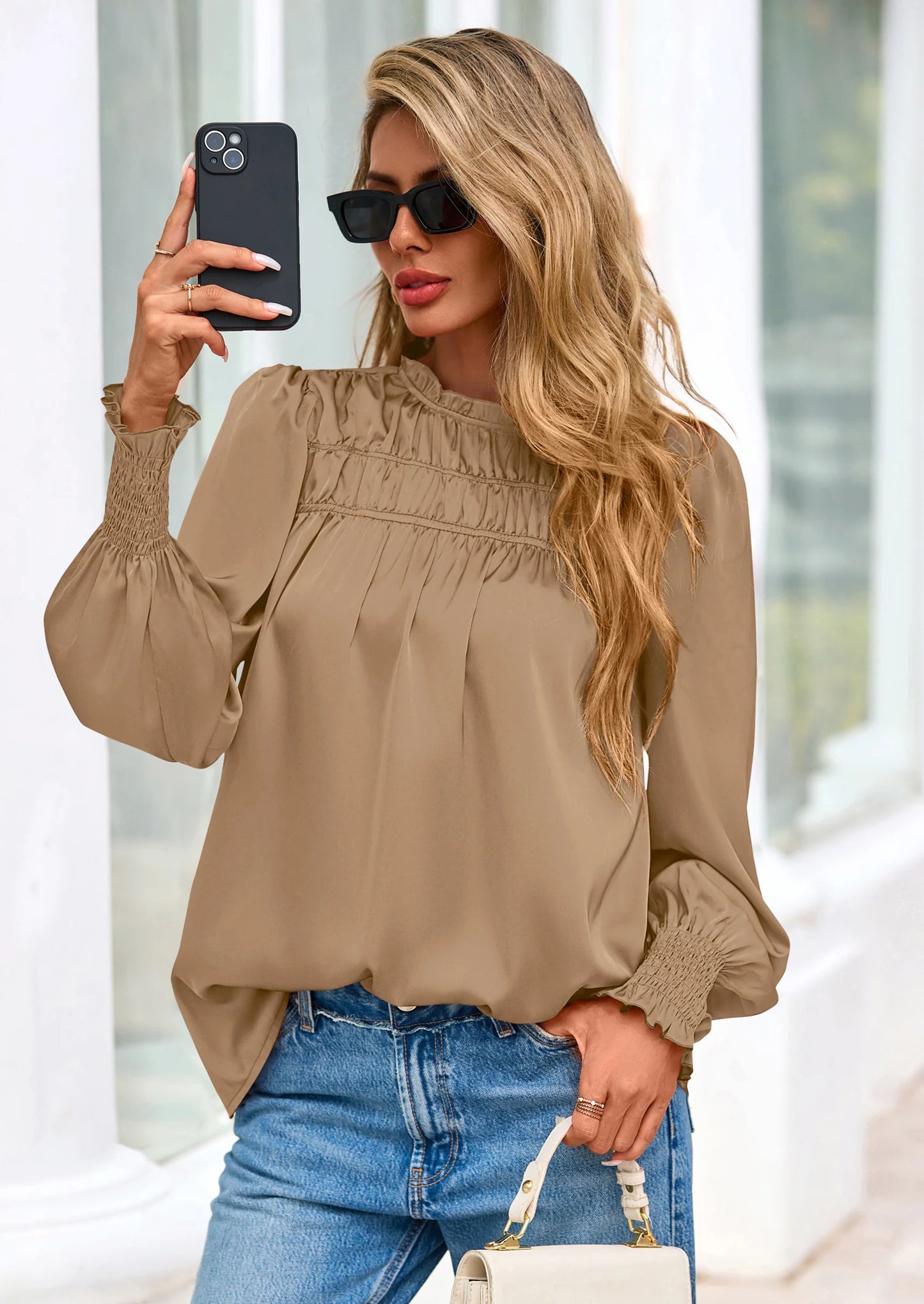 Blouses for Women Dressy Casual Fall Outfits Frill Neck Long Sleeve Shirts Satin Work Business Casual Tops