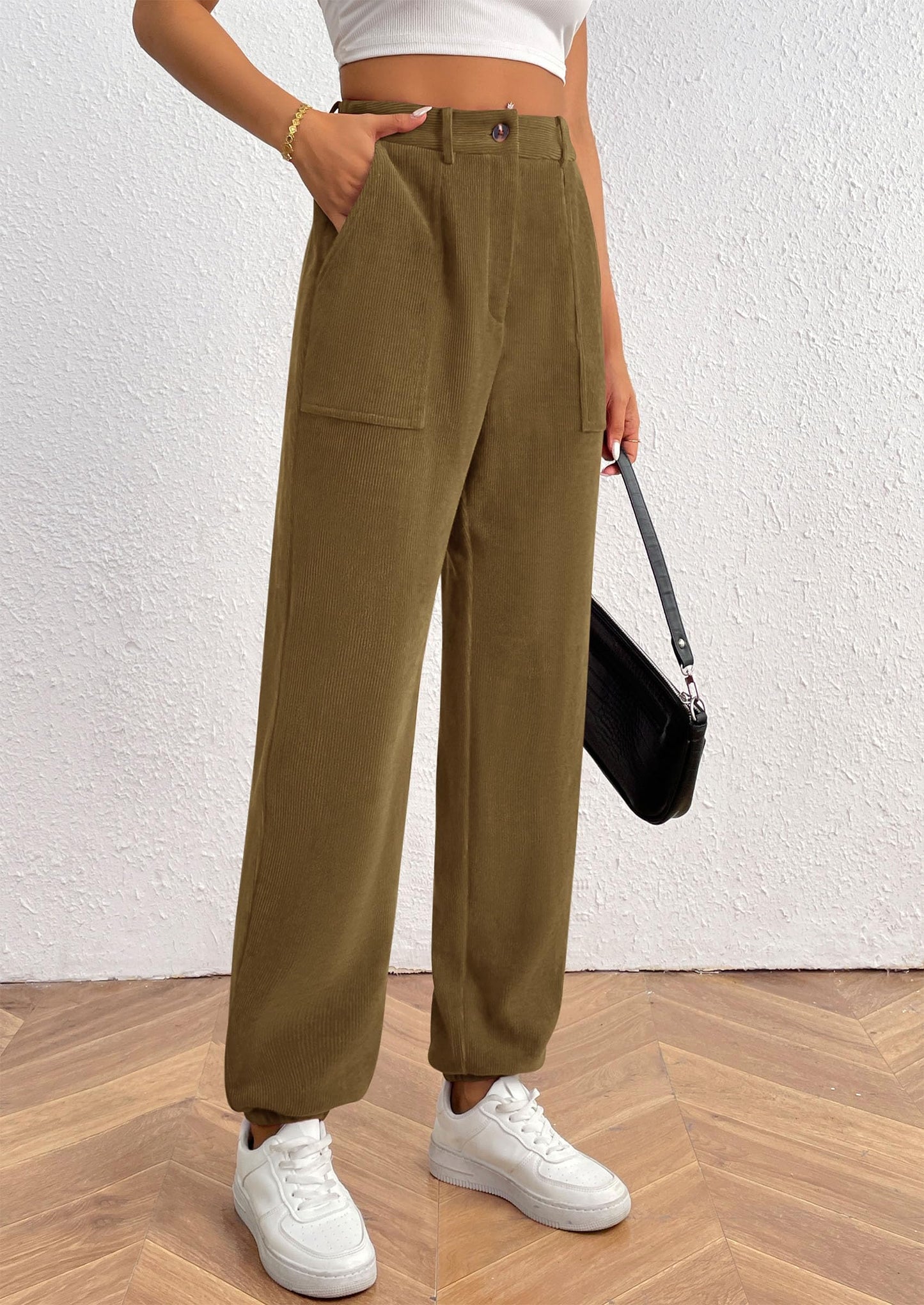 Women's Pants Dressy Casual Fall Elastic High Waisted Work Office Corduroy Trouser Slacks with Pockets