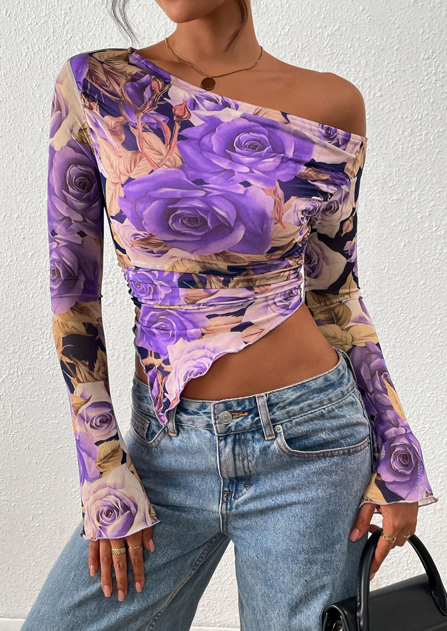 Womens Fall Trendy Off Shoulder Tops Tie Dye Mesh Long Sleeve Shirts Asymmetrical Ruched Floral Blouse