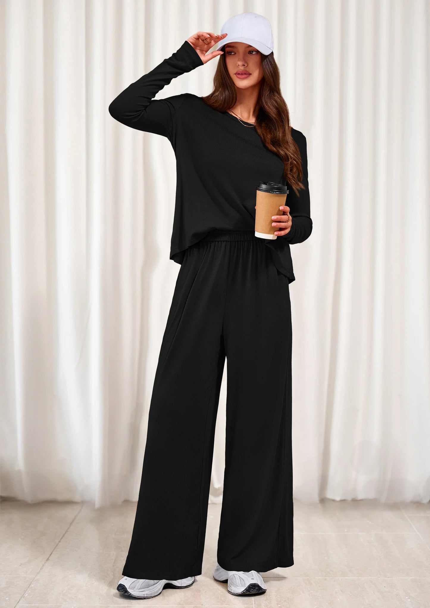 Women's 2 Piece Fall Sets  Casual Long Sleeve Shirts Wide Leg Pants Lounge Travel Outfits Fashion Clothing