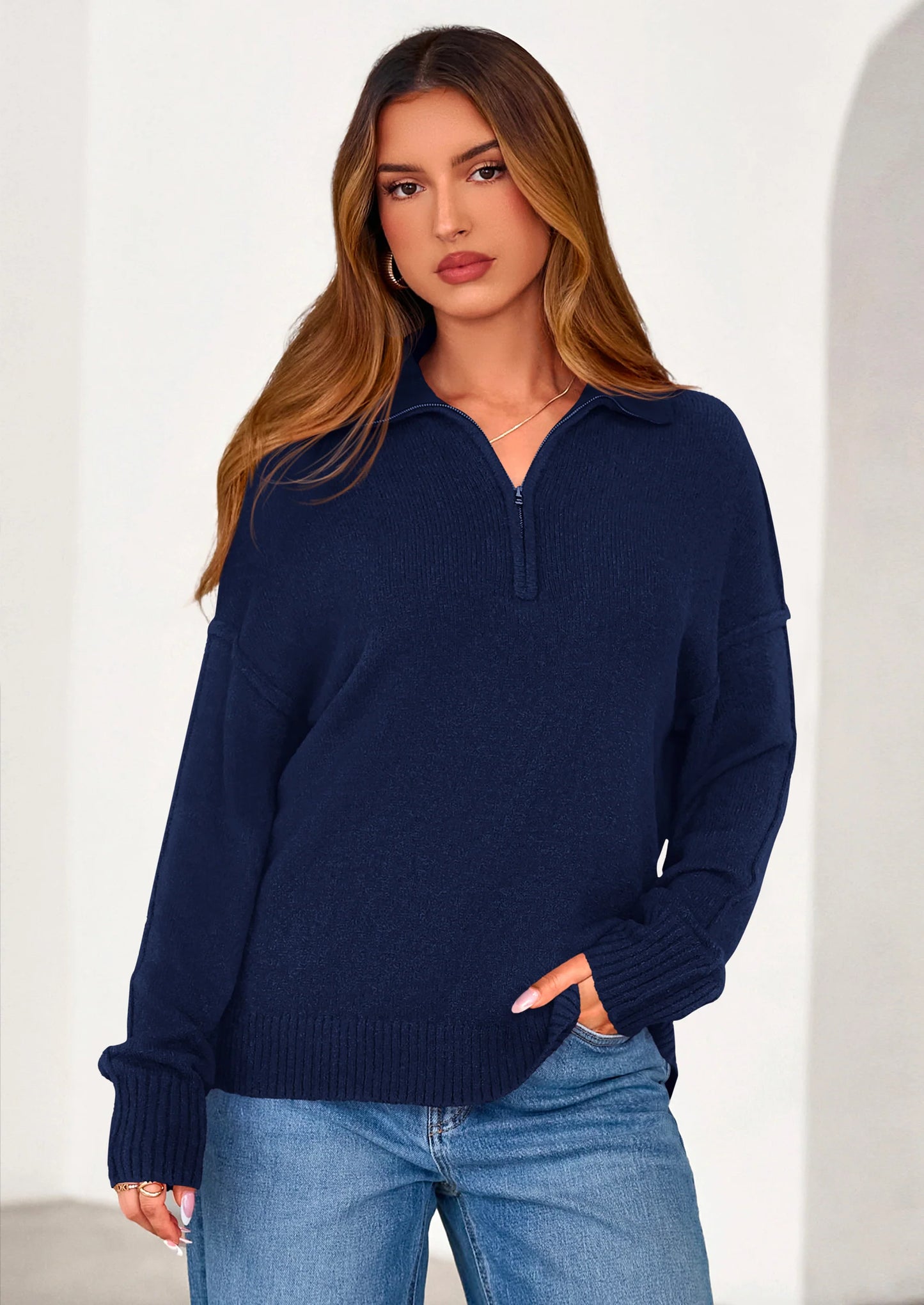 Womens Sweaters Quarter Zip Pullover Early Fall Fashion Long Sleeve V Neck Collared Knit Winter Jumper Tops