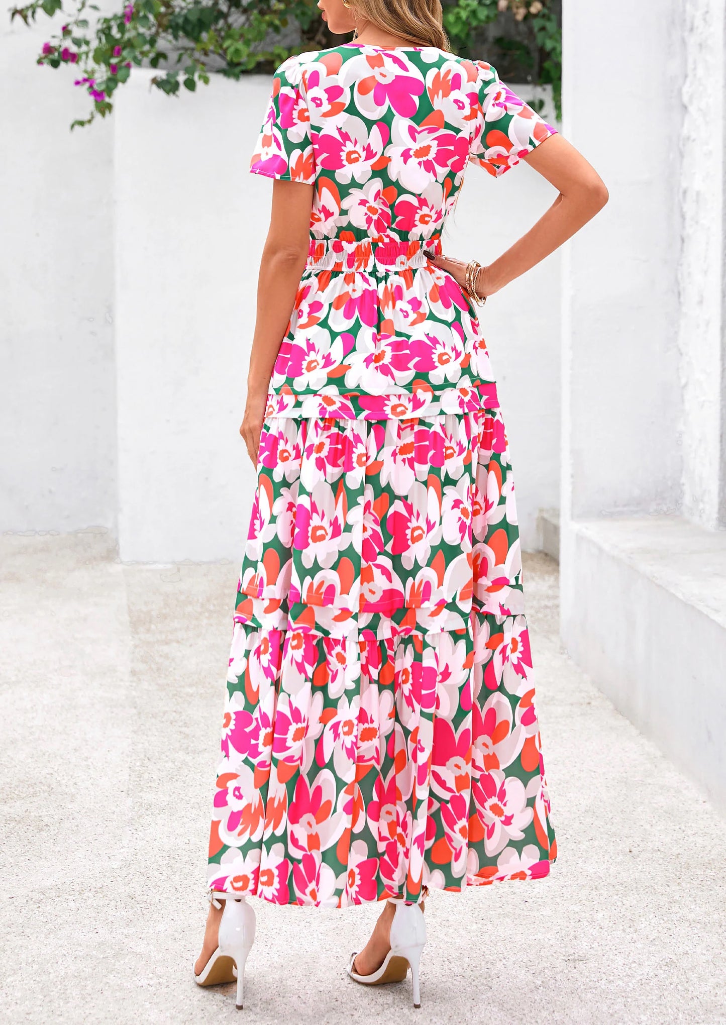 Women's Boho Maxi Dresses Floral Short Sleeve V Neck A Line Tiered Flowy Long Beach Vacation Dress