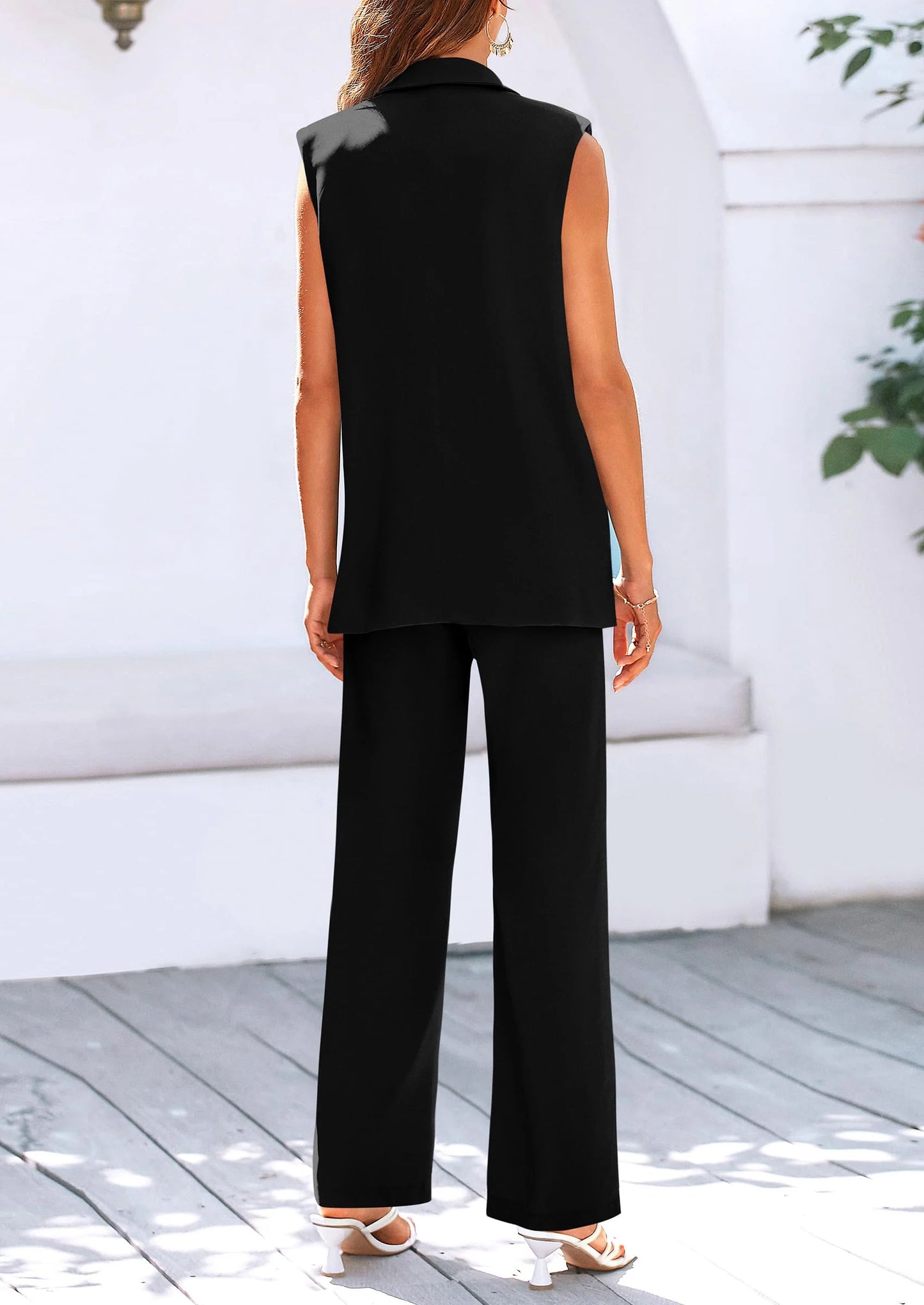 Women's 2 Piece Outfits Sleeveless Suit Vest and Wide Leg Pants Business Casual Blazer Sets