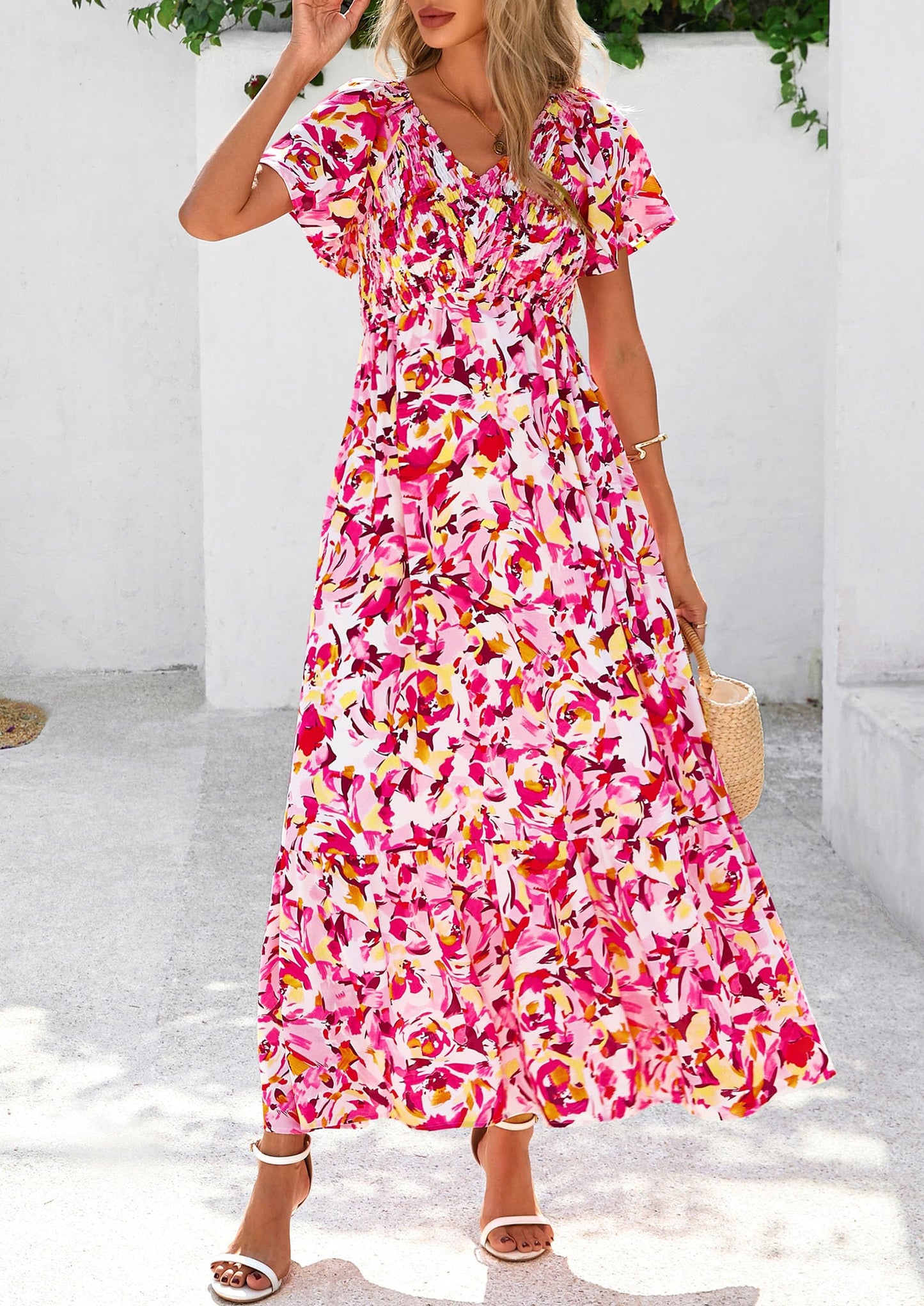 Women Floral Boho Maxi Dresses Short Sleeve V Neck Smocked A Line Long Flowy Beach Vacation Dress