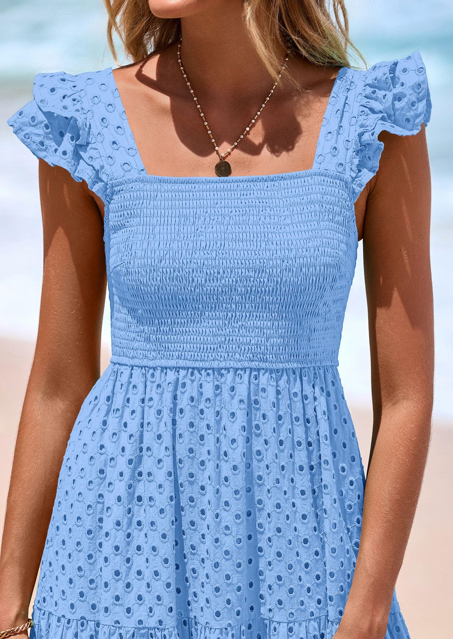 Womens Square Neck Maxi Dresses Cap Sleeve Eyelet Smocked Tiered A Line Flowy Long Dress with Pockets