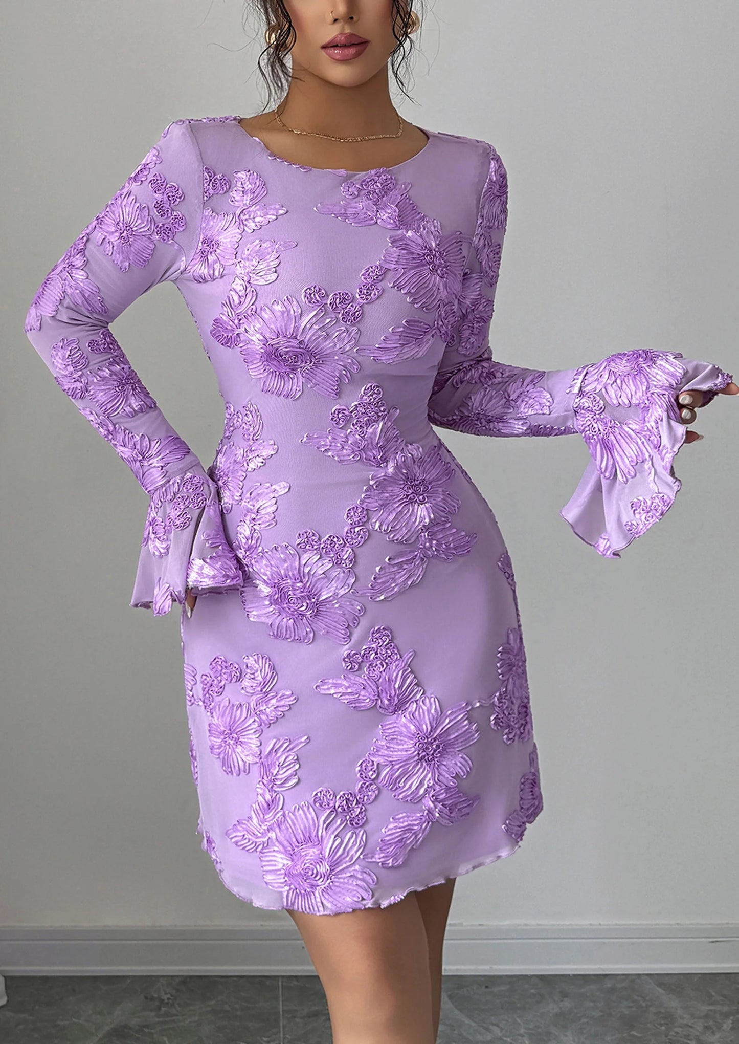 Women's Floral Embroidered Dress Fall Long Bell Sleeve Ribbon Flower Mini Short Mesh Bodycon Party Dresses