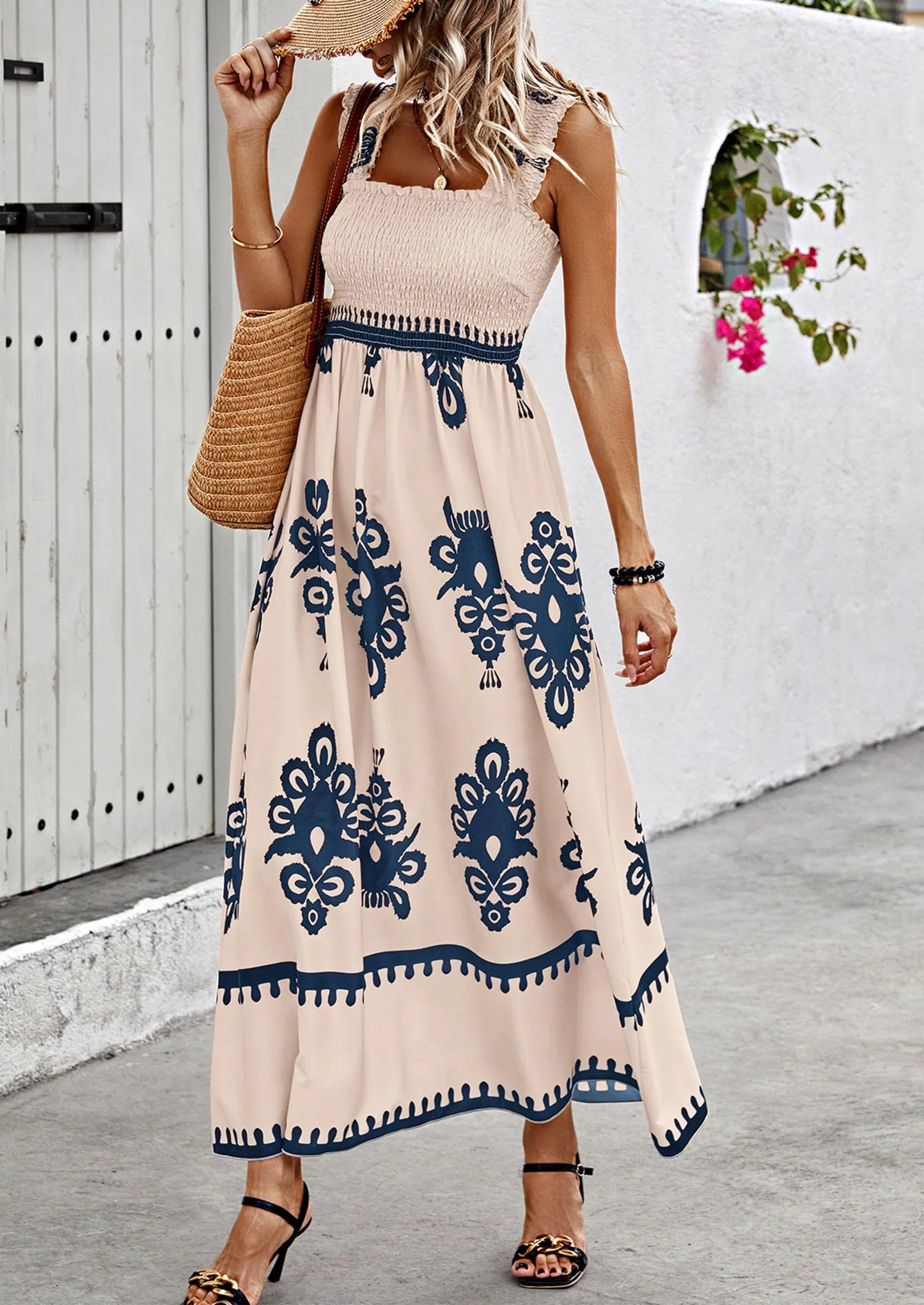 Womens Summer Boho Maxi Dress Casual Sleeveless Square Neck Floral Aline Smocked Beach Dresses with Pockets