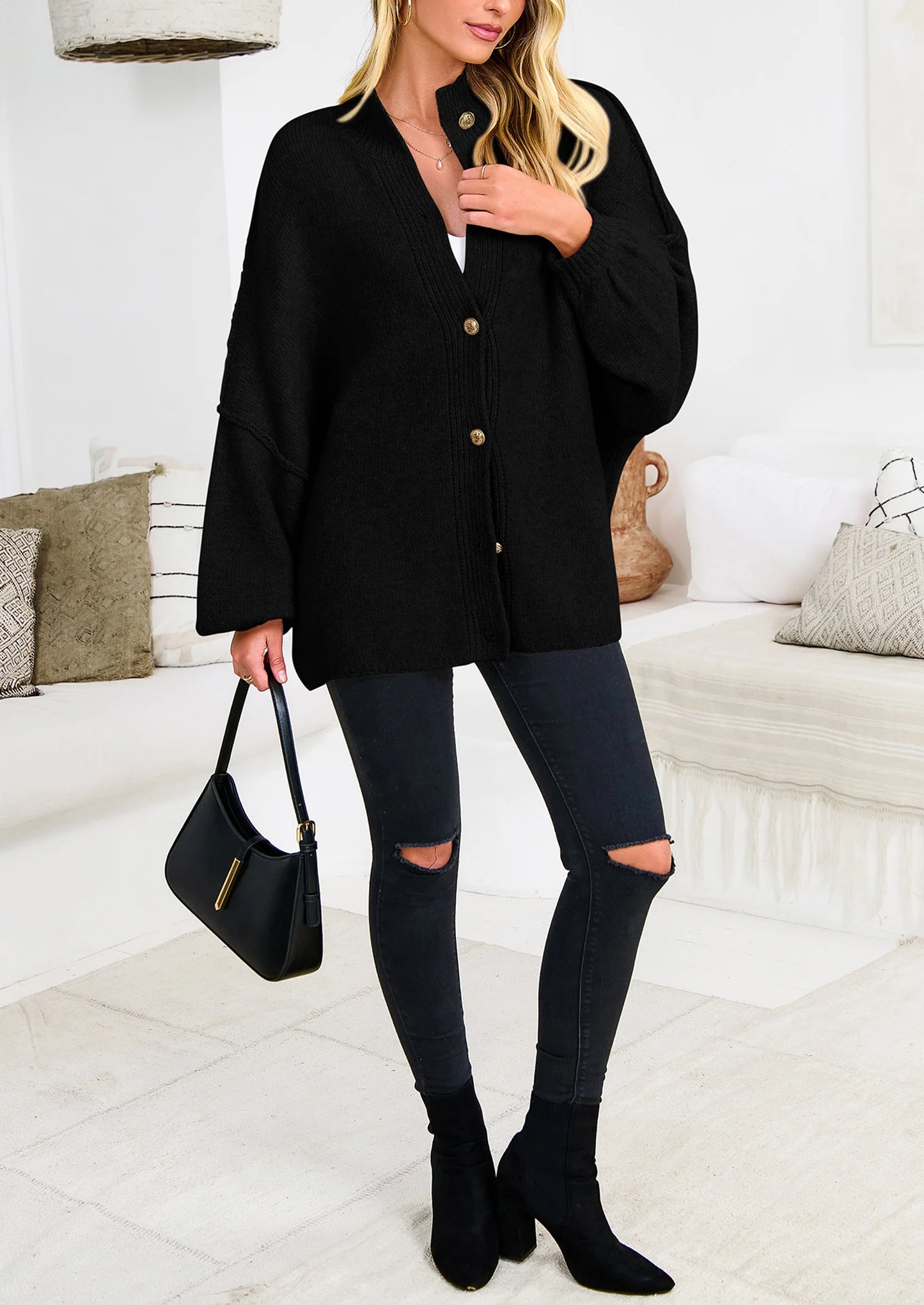 Women's Winter Button Down Cardigan Sweaters Mock Neck Lantern Long Sleeve Chunky Knit Jacket Trendy Outerwear