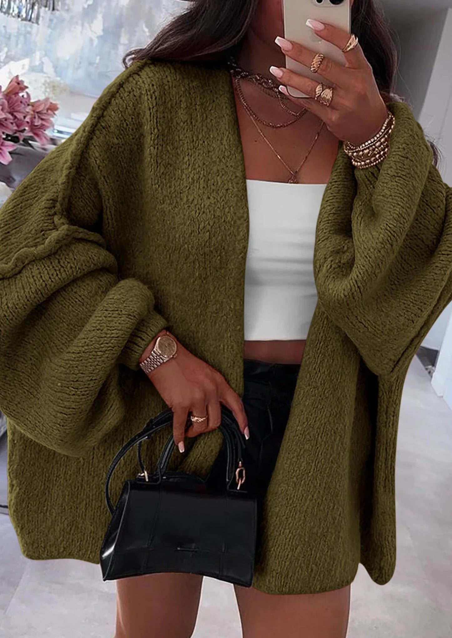 Womens Oversized Cardigan Sweaters Fall Long Lantern Sleeve Knit Open Front Lightweight Sweater