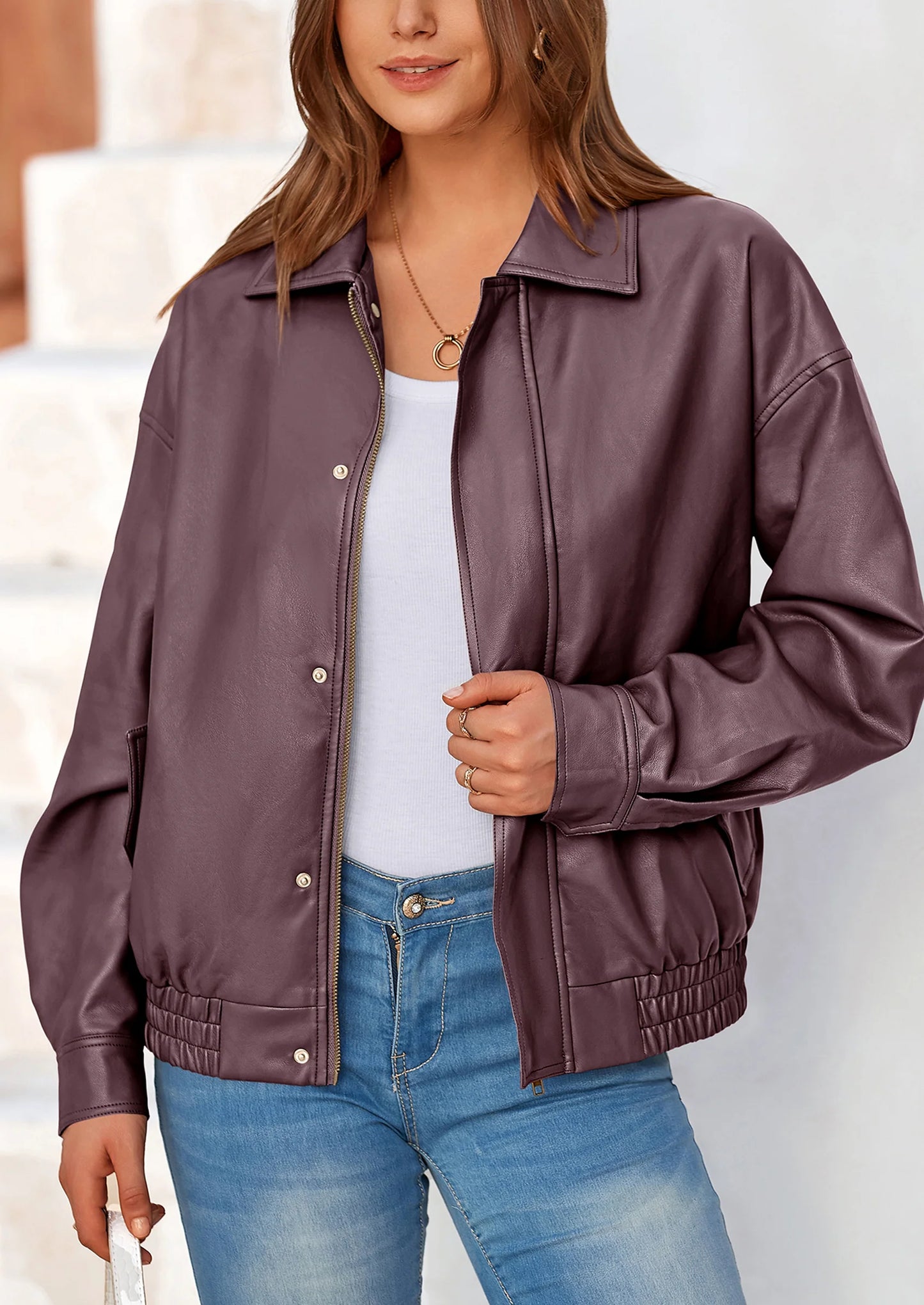 Women's Faux Leather Motorcycle Jacket Trendy Fall Spring Clothes Oversized Zip Up Winter Coat Outerwear