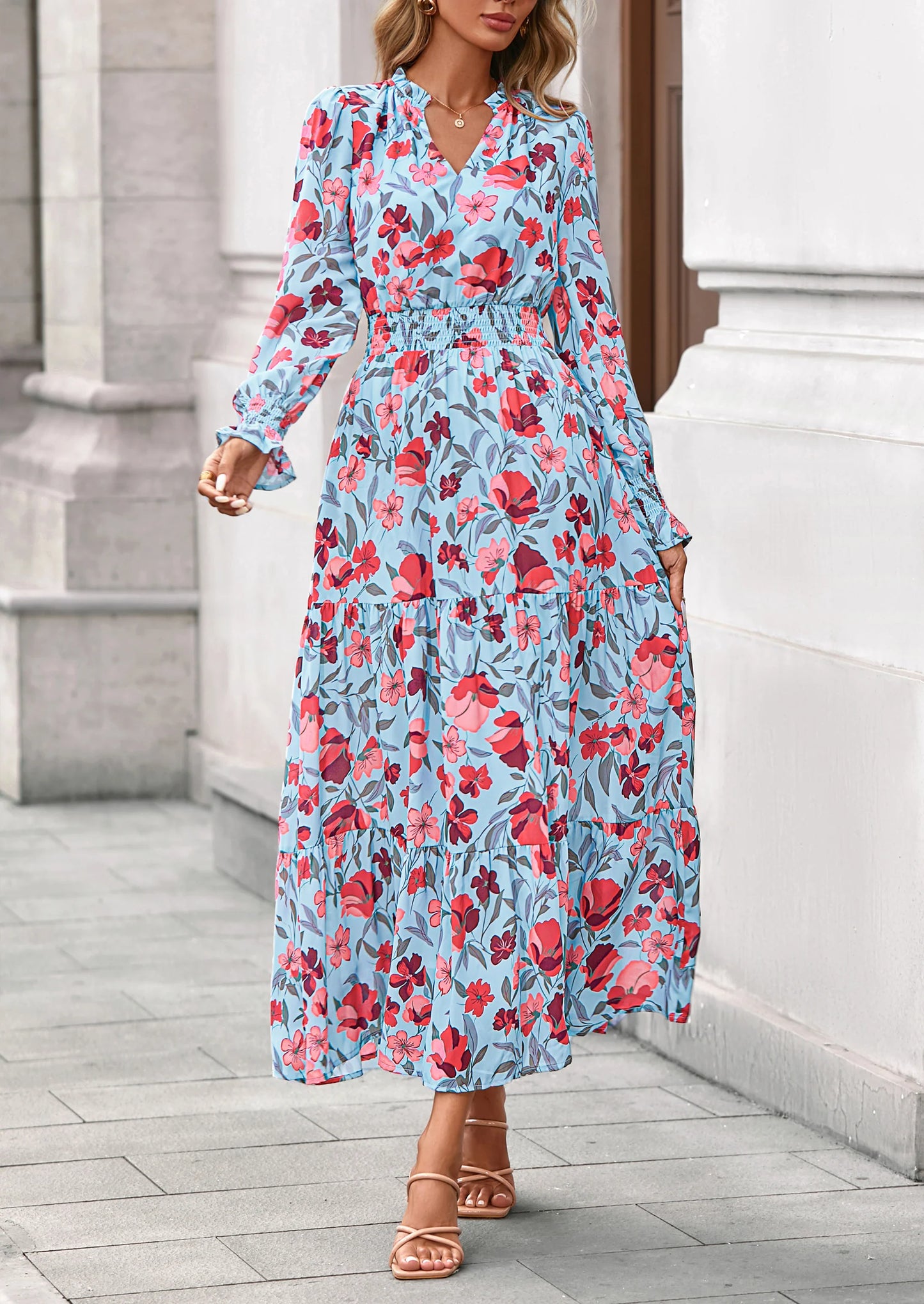 Women's Floral Maxi Dress Spring Long Sleeve V Neck Casual A Line Long Flowy Boho Party Dresses