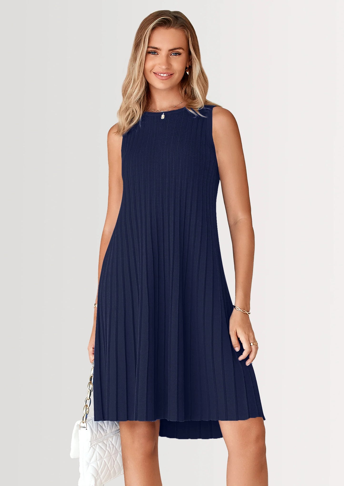 Womens Summer Sleeveless Mini Dress Crewneck Loose Tank A Line Pleated Swing Flowy Party Dresses