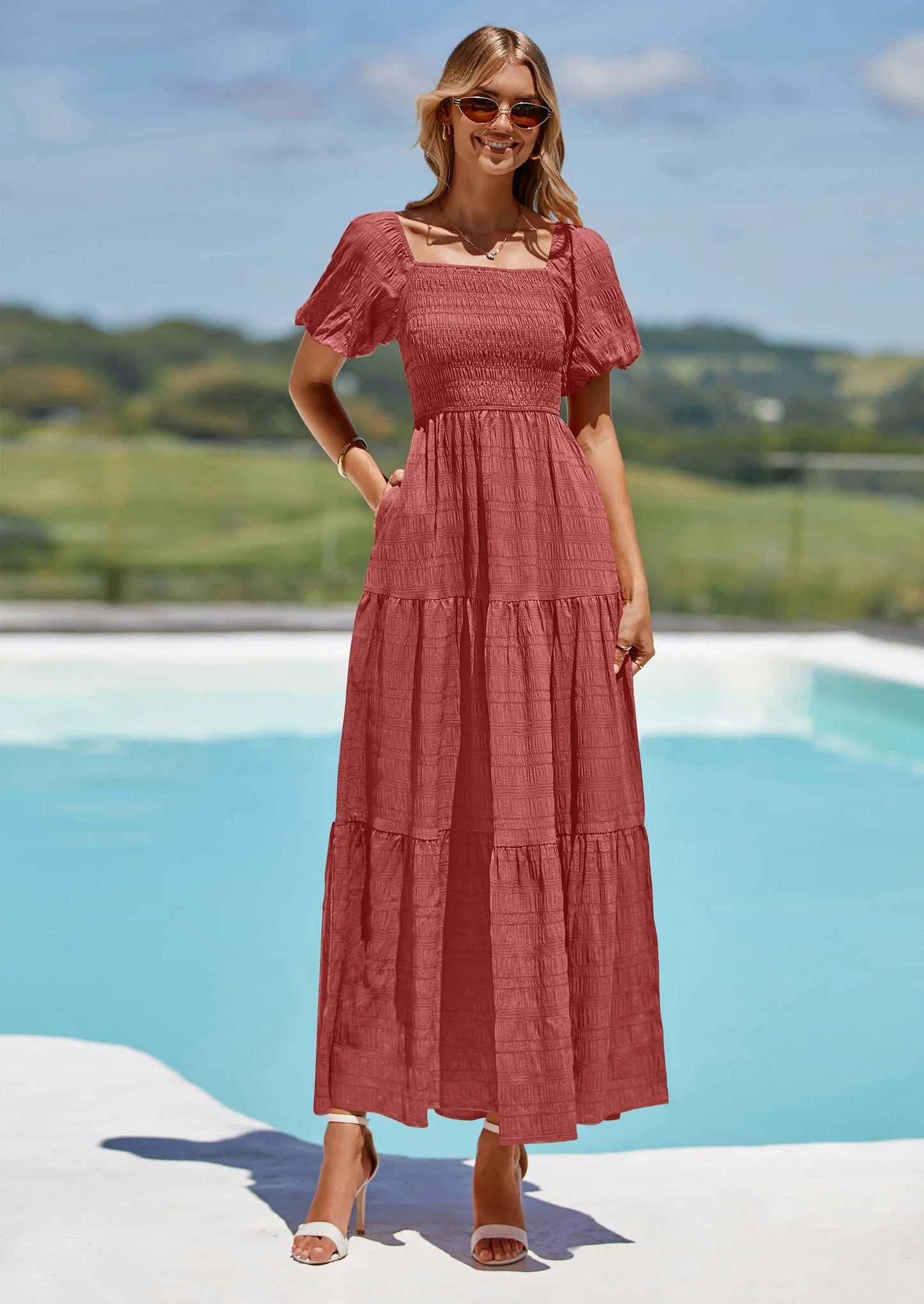 Womens Summer Puff Short Sleeve Maxi Dress Square Neck Smocked Tiered Ruffle A Line Long Flowy Beach Dresses