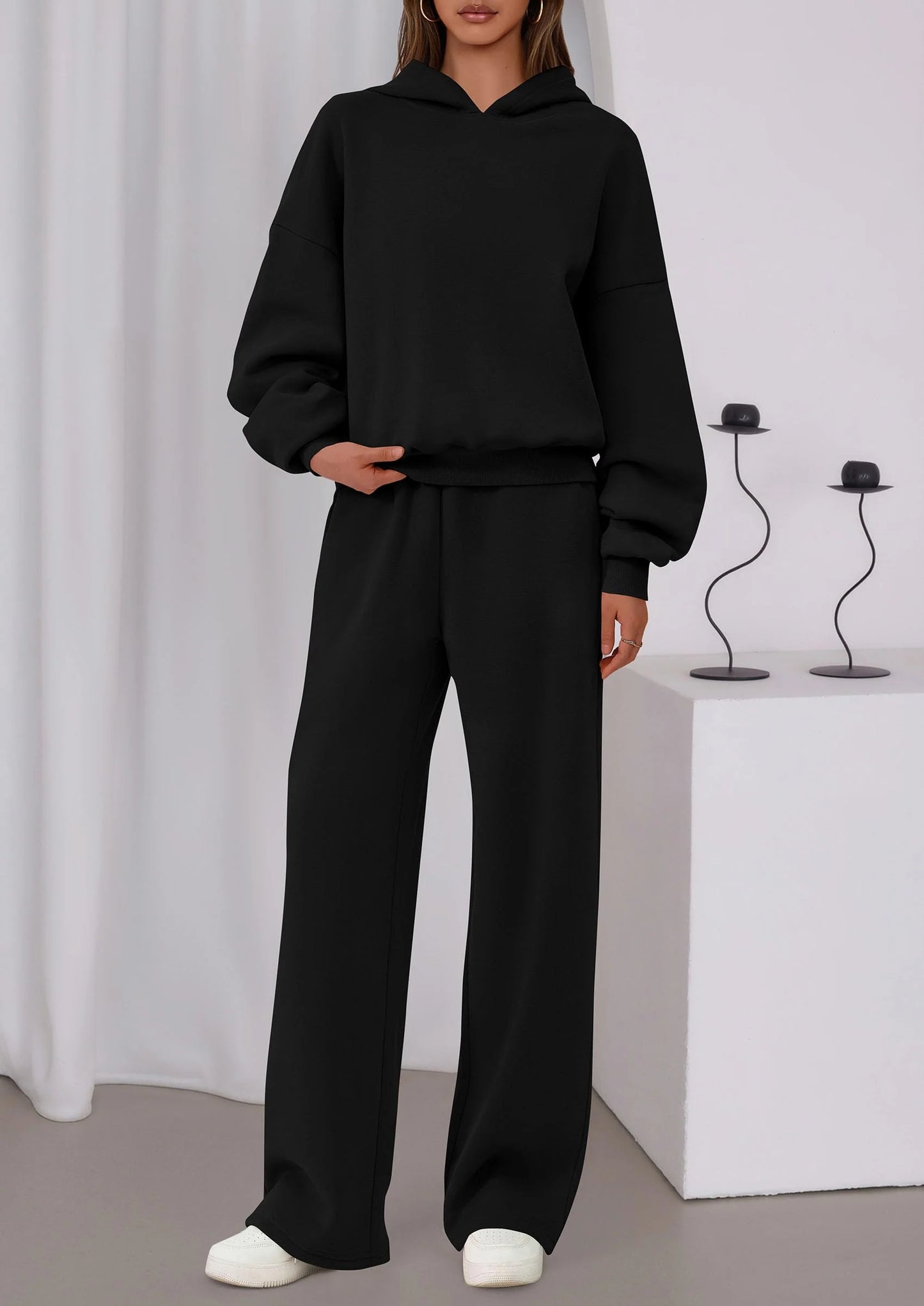 Womens Sweatsuits 2 Piece Set Casual Winter Long Sleeve Hoodie Loose Wide Leg Sweatpants Fall Tracksuit