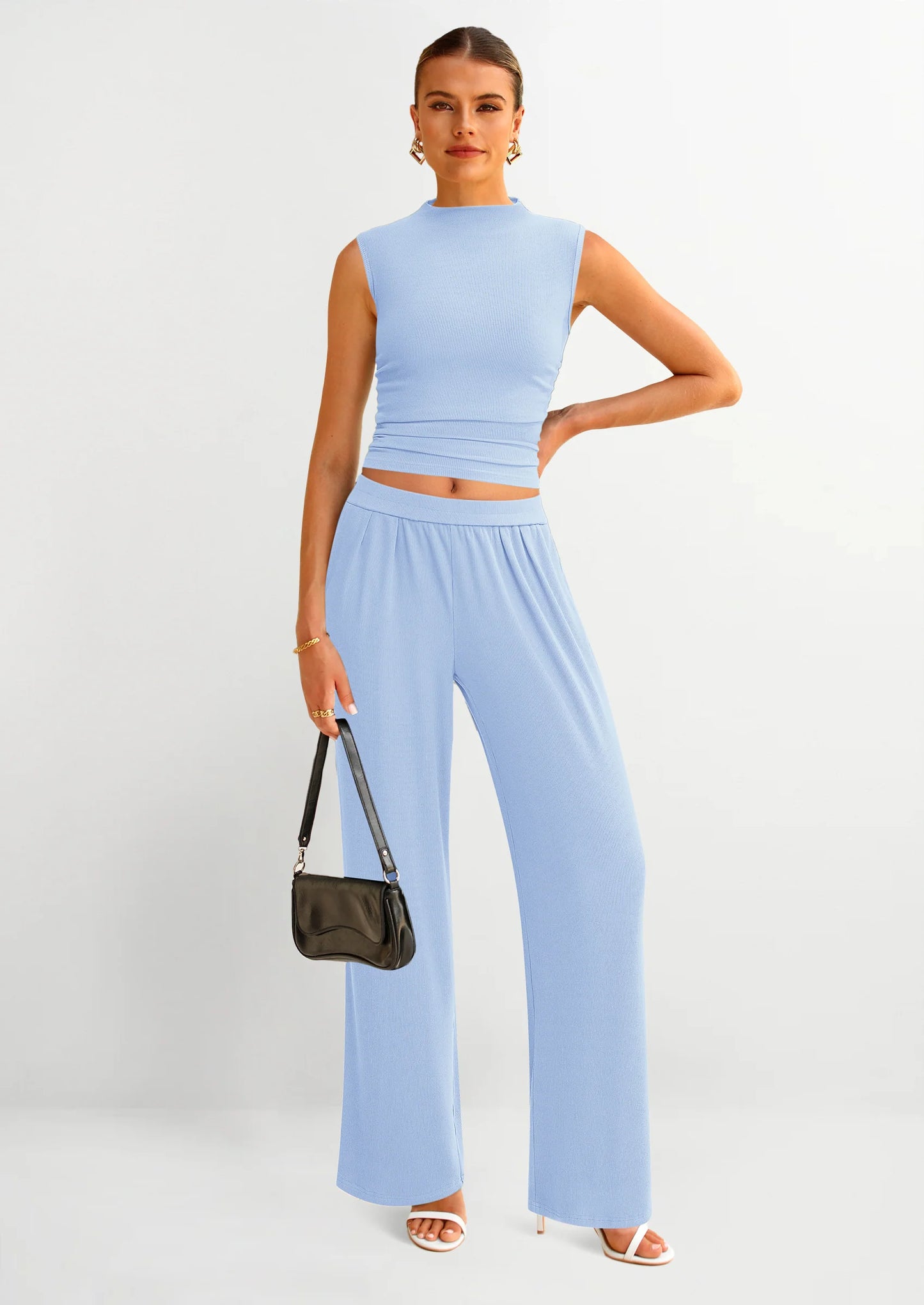 2 Piece Sets for Women Summer Airport Travel Outfits Crop Tank Tops Wide Leg Pants Matching Lounge Sets