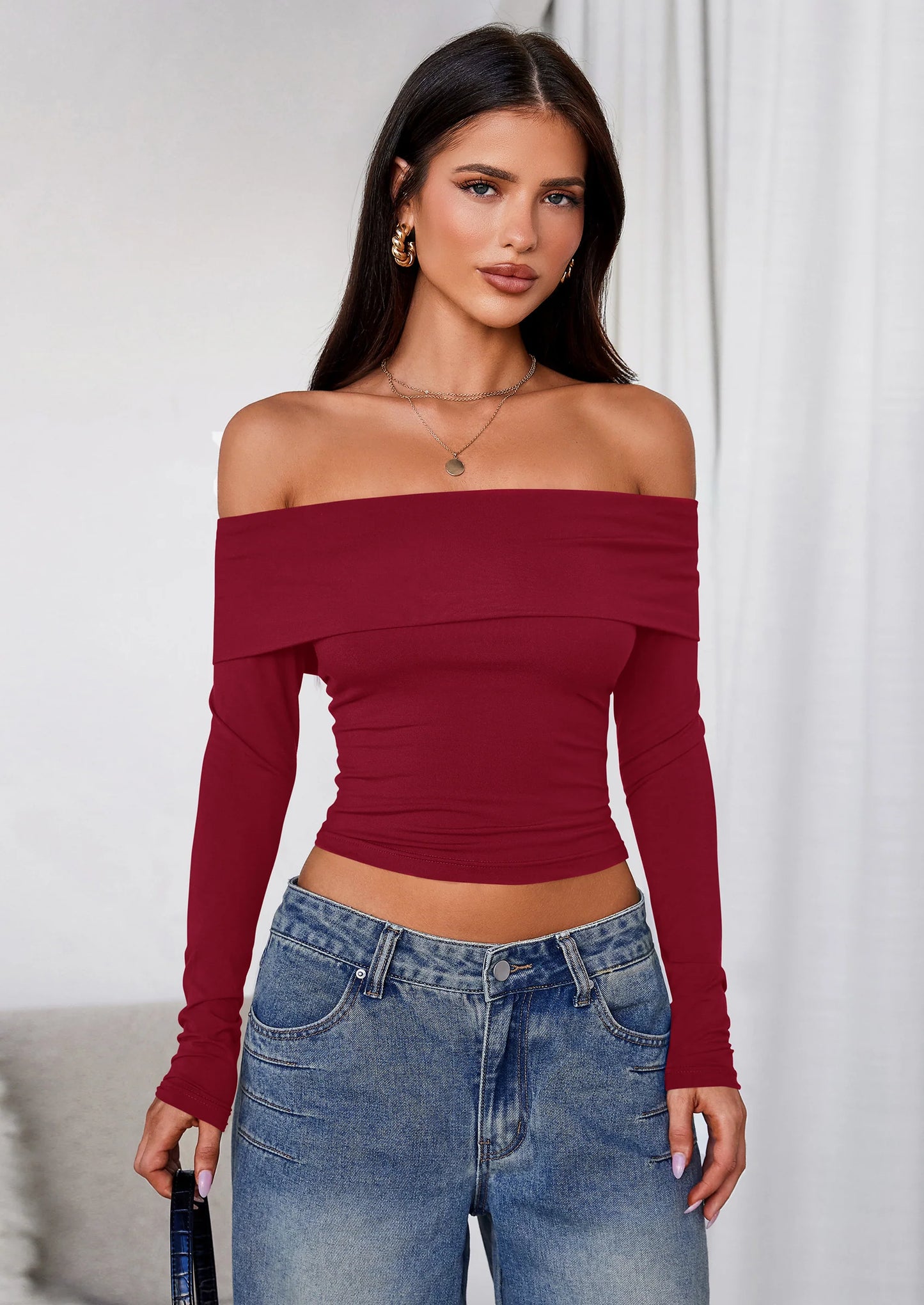 Off The Shoulder Tops for Women Long Sleeve Shirts Trendy Going Out Crop Top Spring Fashion Clothes