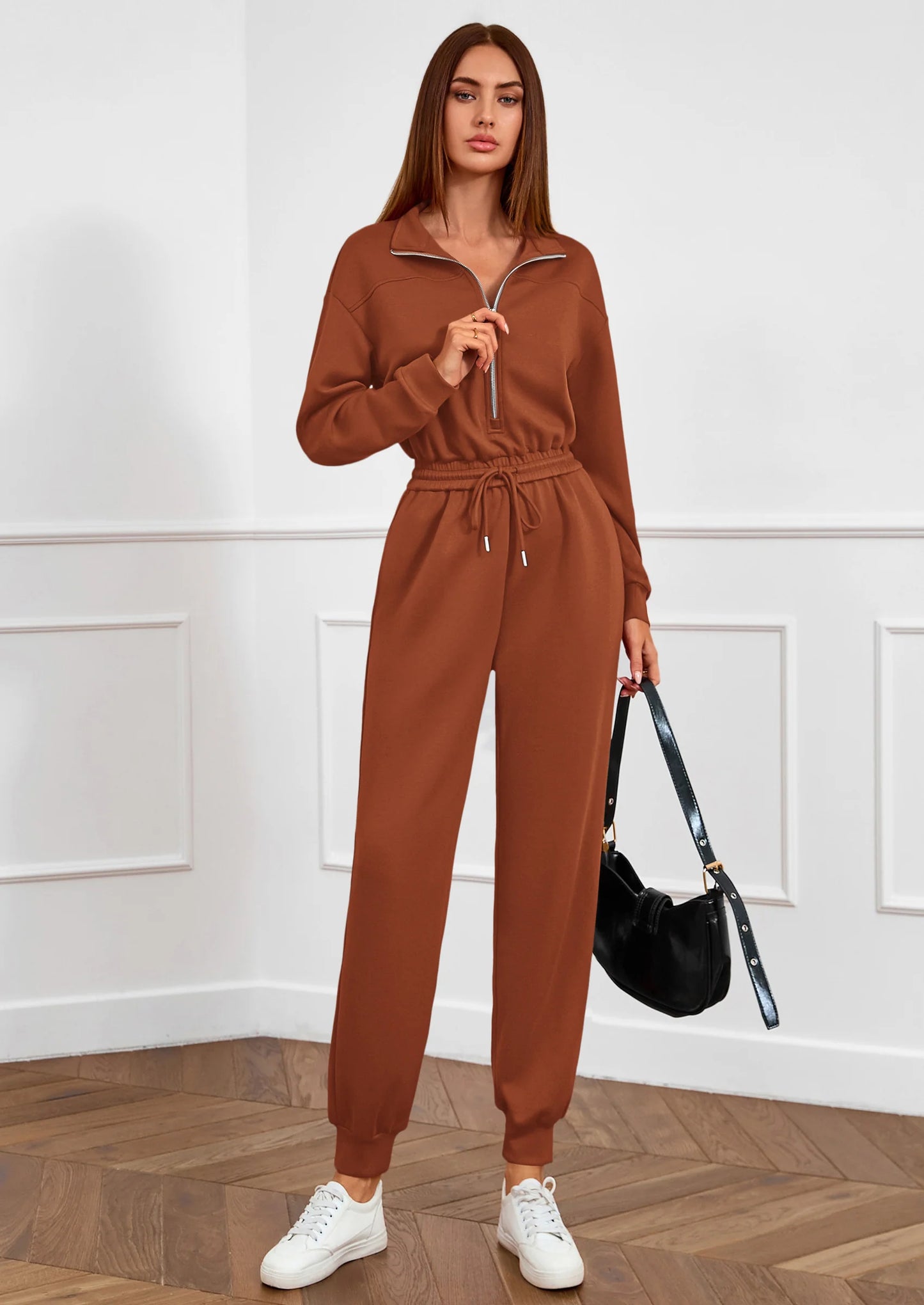 Long Sleeve Jumpsuits for Women Casual  Fall Fashion Zip Up Pant Rompers One Piece Sweatsuits Travel Outfits