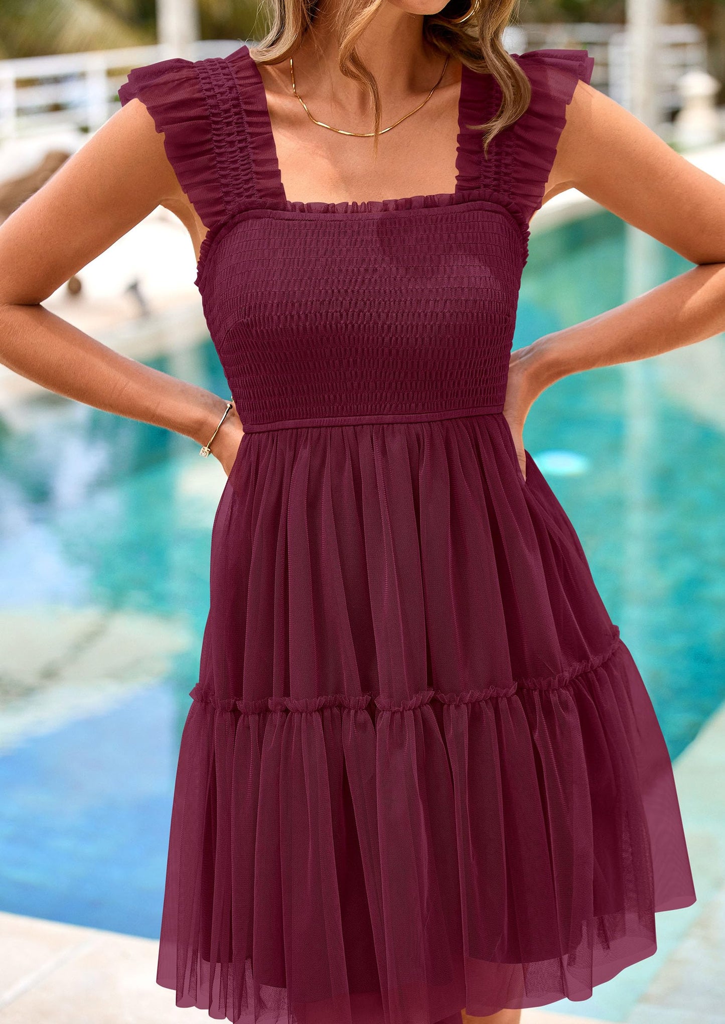 Womens Trendy Mini Summer Dresses Sleeveless Tulle Ruffle Square Neck Tiered Smocked Beach Vacation Dress