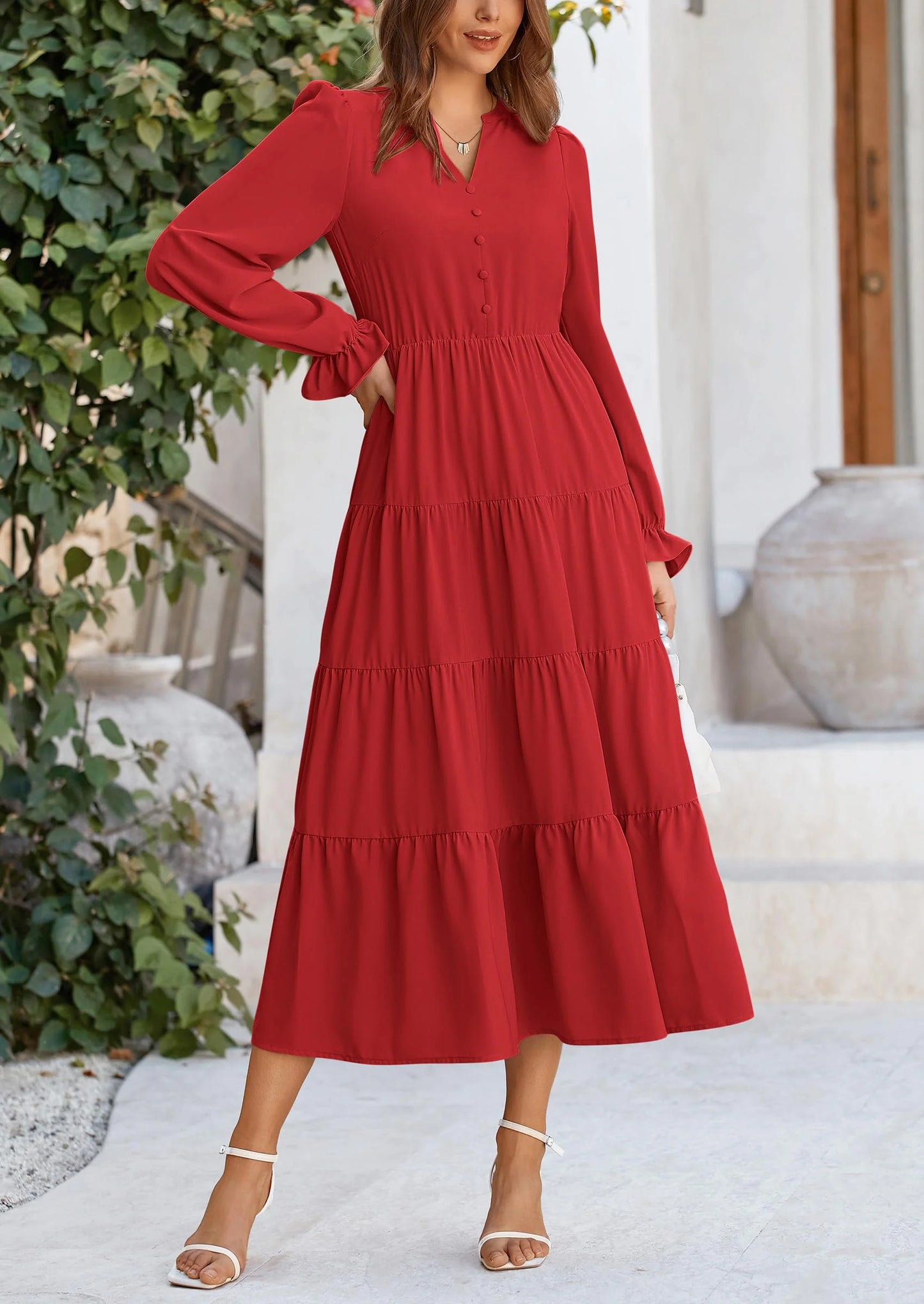 Women Fall Long Sleeve Smocked Maxi Dress Casual Square Neck Swiss Dot Tiered Ruffle Flowy Spring Pocket Dresses