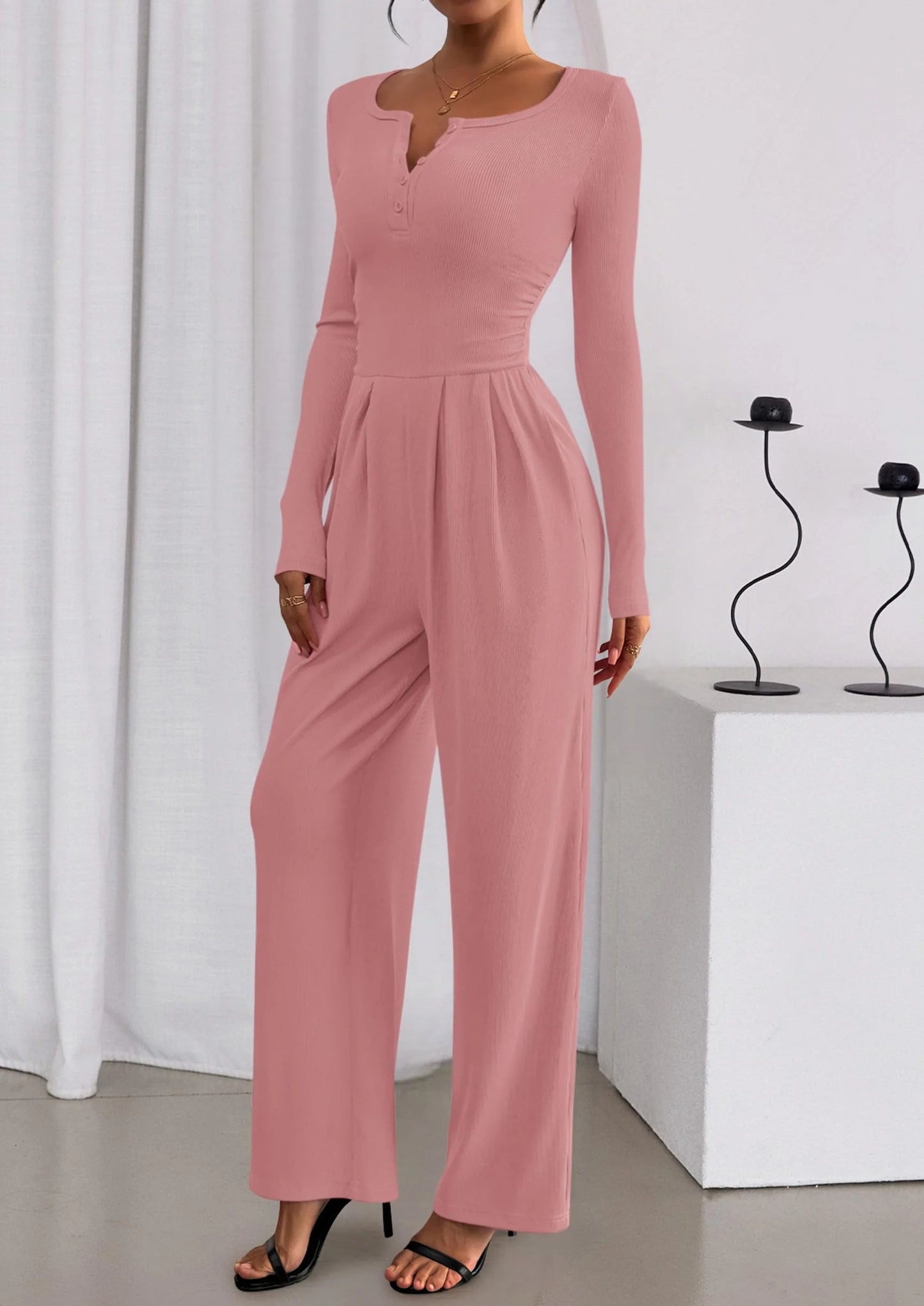 Jumpsuits for Women Dressy Casual Fall One Piece Outfits Long Sleeve Crew Neck Wide Leg Pants Rompers