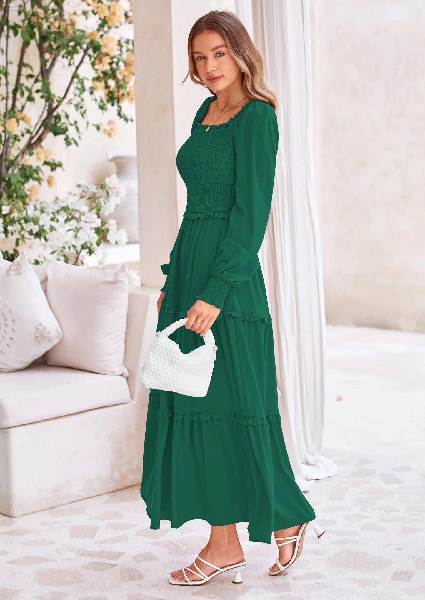 Fall Wedding Guest Dresses for Women Long Sleeve Square Neck Tiered A Line Modest Elegant Flowy Dresses