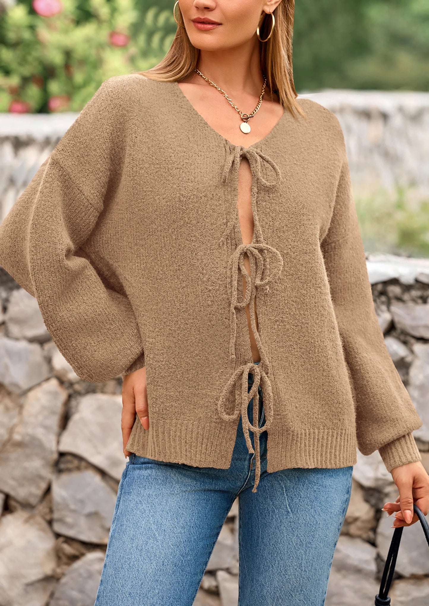 Women's Tie Front Bow Cardigan Sweaters Chunky Knit Long Puff Sleeve Trendy Fall Winter Jacket Coats