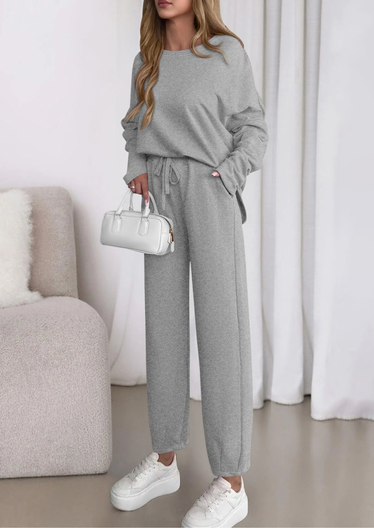 Womens 2 Piece Matching Lounge Sets Fall Long Sleeve Boatneck Sweatsuit Drawstring Sweatpants Pockets