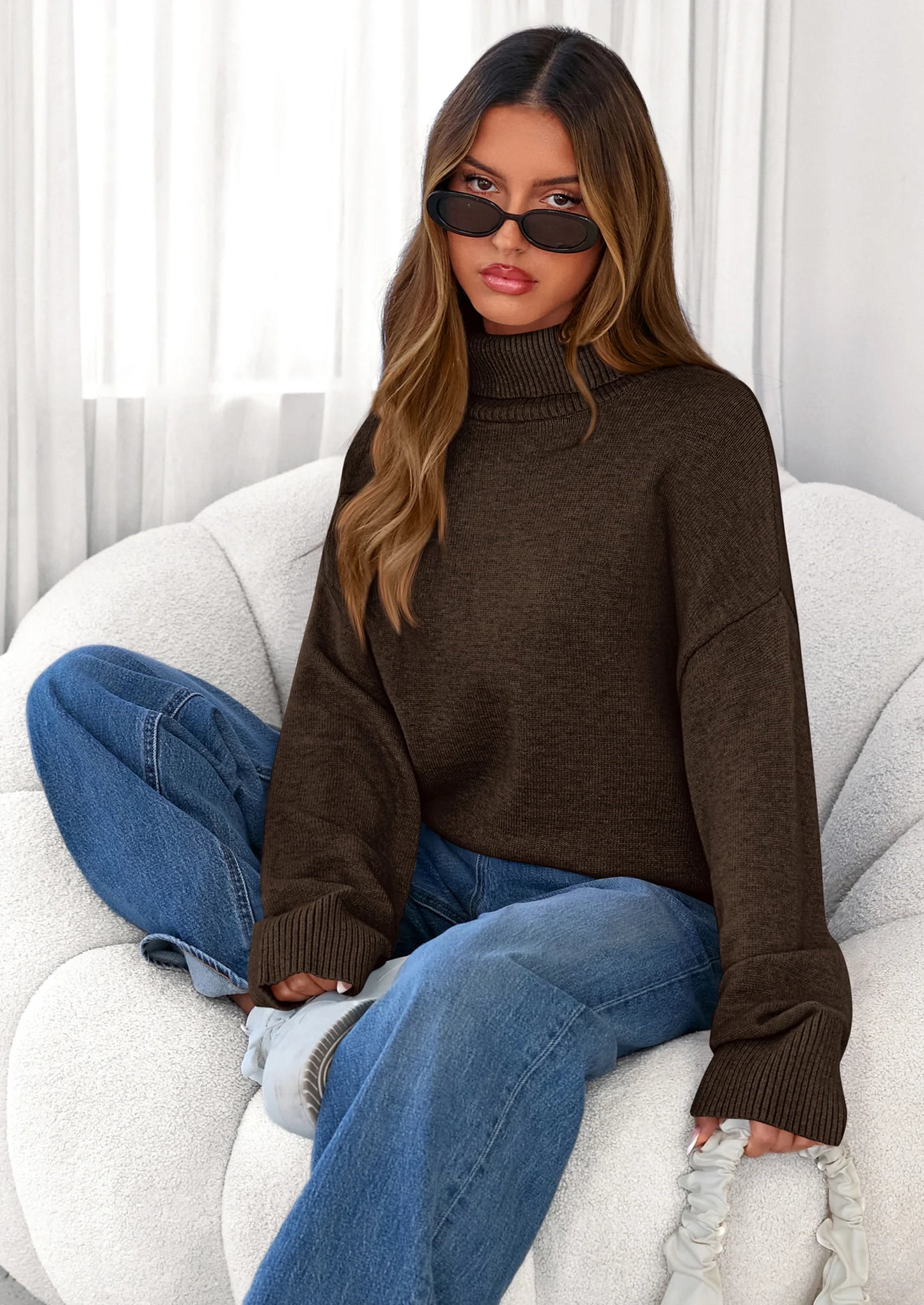 Womens Turtleneck Long Sleeve Sweater Fall Trendy Loose Fit Casual Tops Chunky Knit Pullover Sweaters