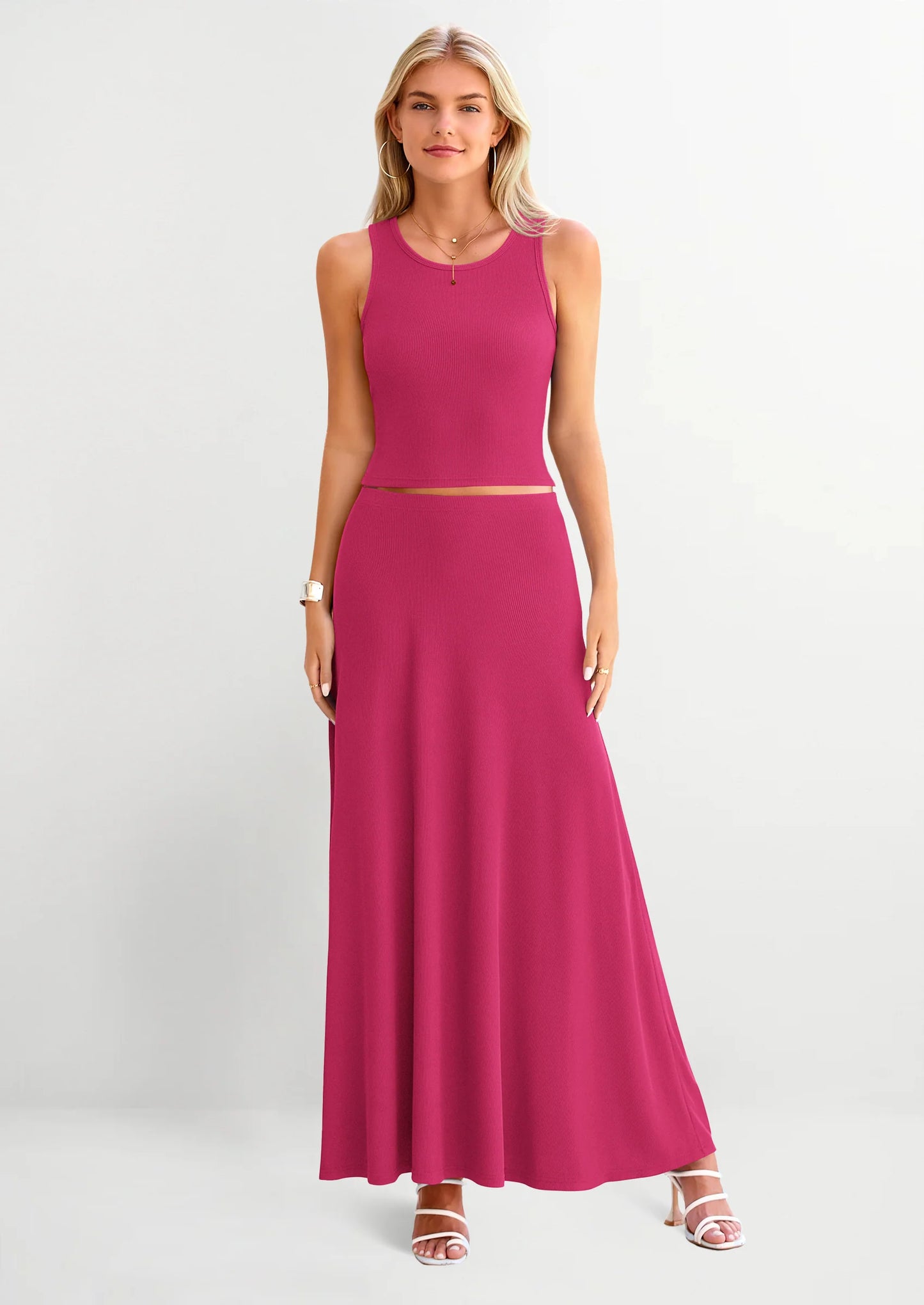 2 Piece Maxi Skirt Sets Casual Knit Cropped Tank Top High Waisted Long Skirts Outfit