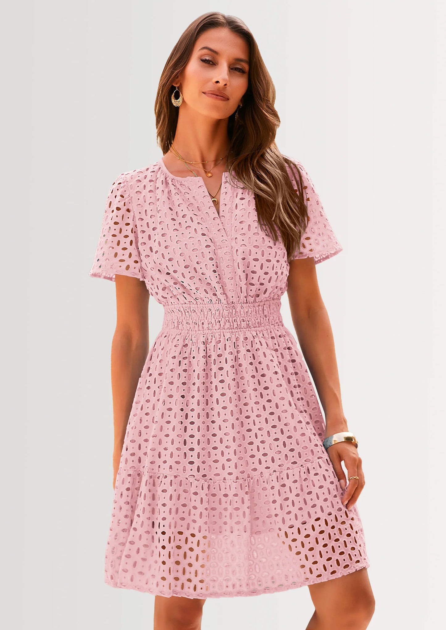 Women Summer Short Dress V Neck Short Sleeve A Line Hollow Out Lace Ruffle Cute Casual Beach Party Dresses