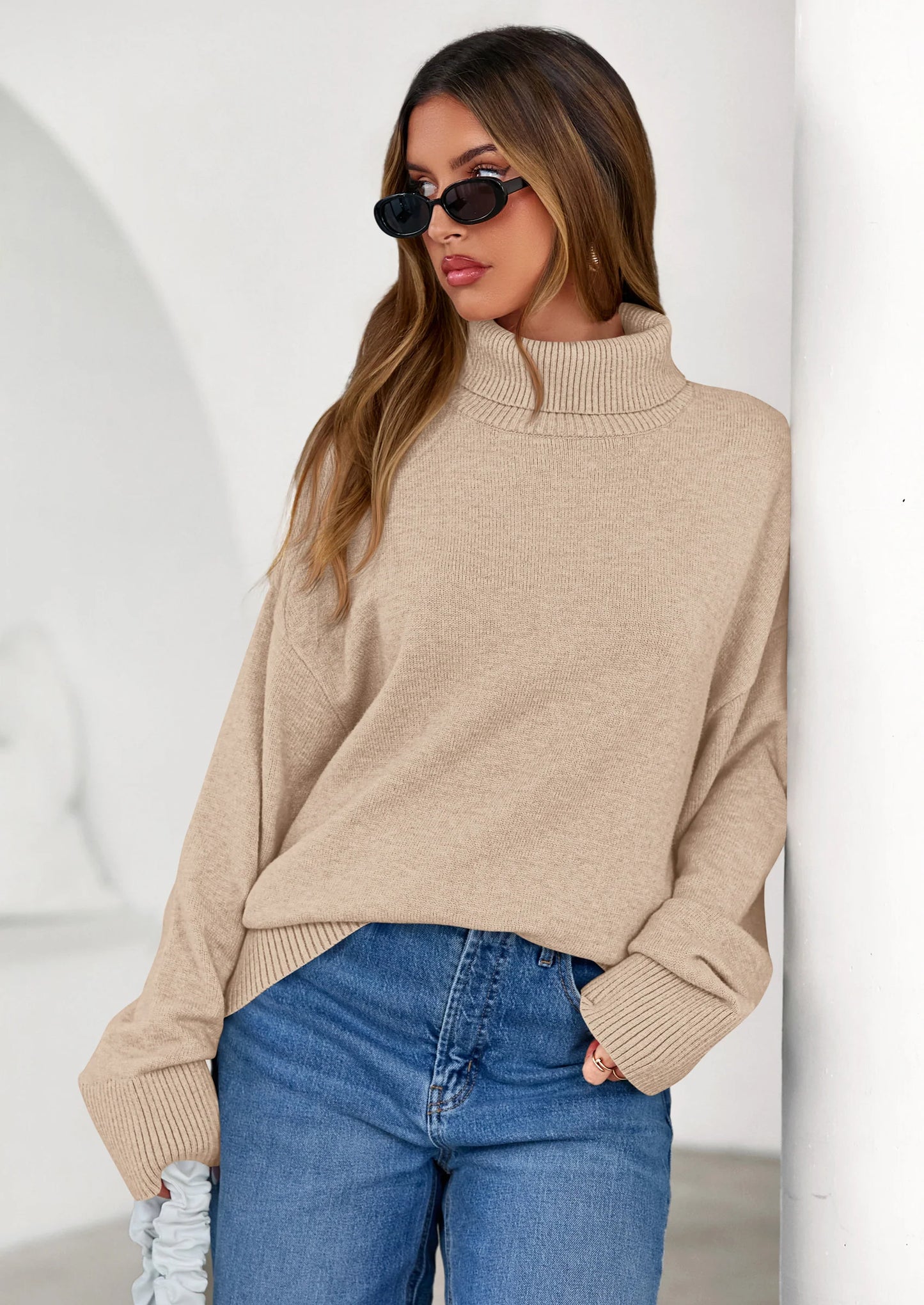 Womens Turtleneck Long Sleeve Sweater Fall Trendy Loose Fit Casual Tops Chunky Knit Pullover Sweaters