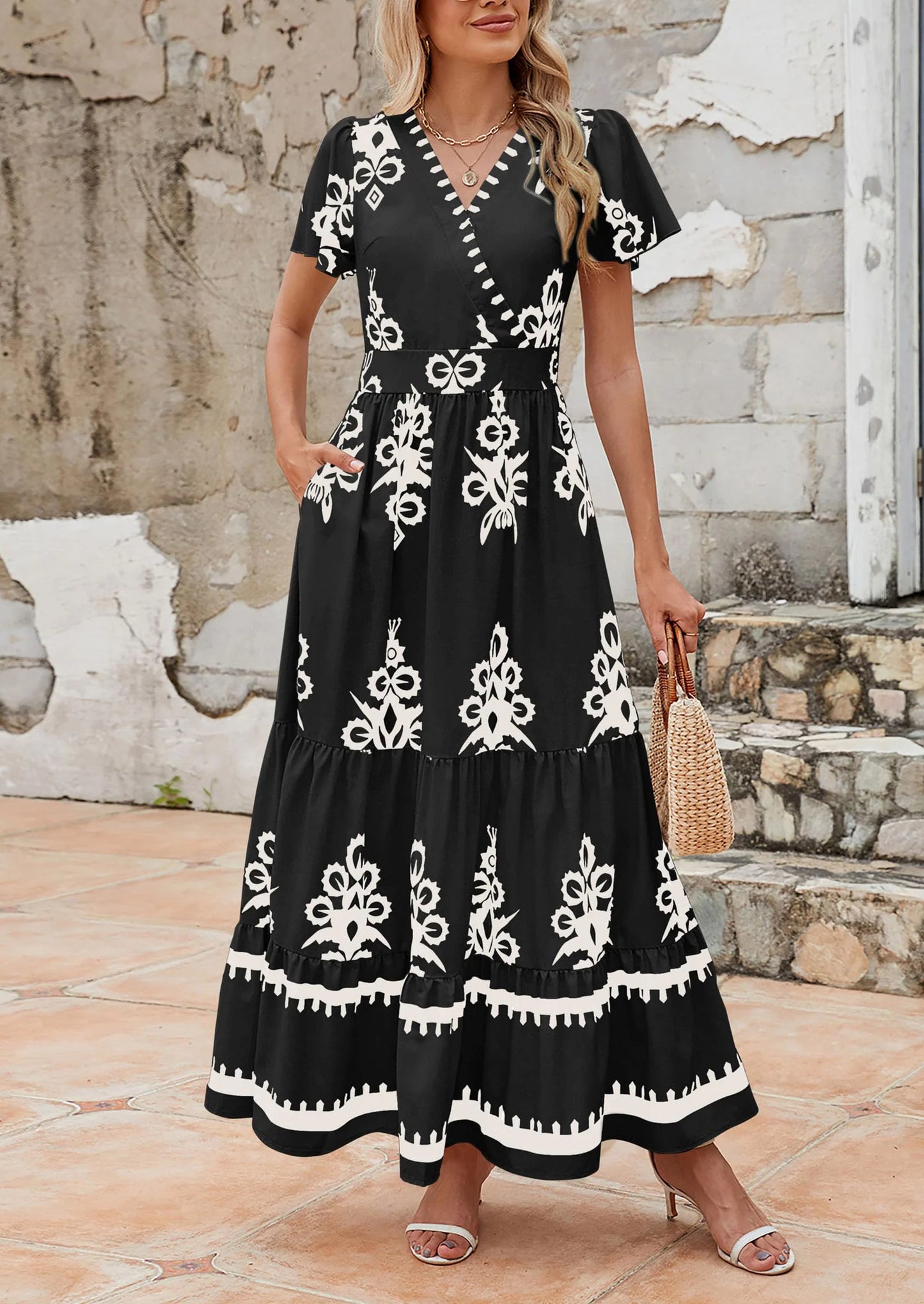Womens Casual V Neck Boho Maxi Dress Flowy Aline Bell Sleeve Tiered Floral Dresses with Pocket