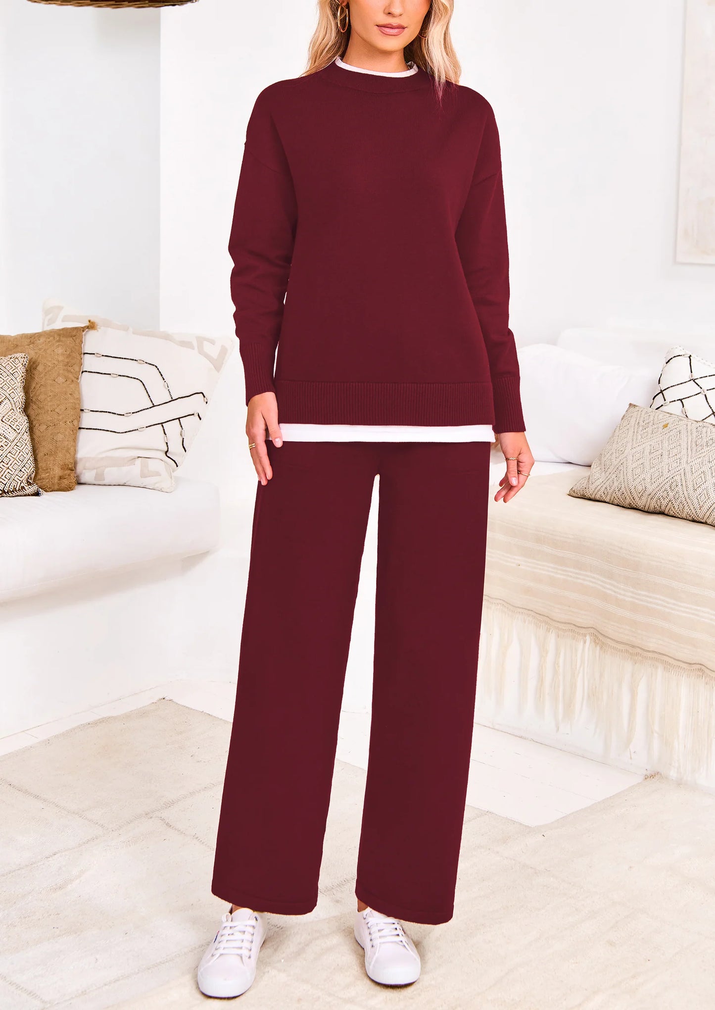 Two Piece Matching Sweater Lounge Sets Knit Long Sleeve Pullover Tops Wide Leg Pants