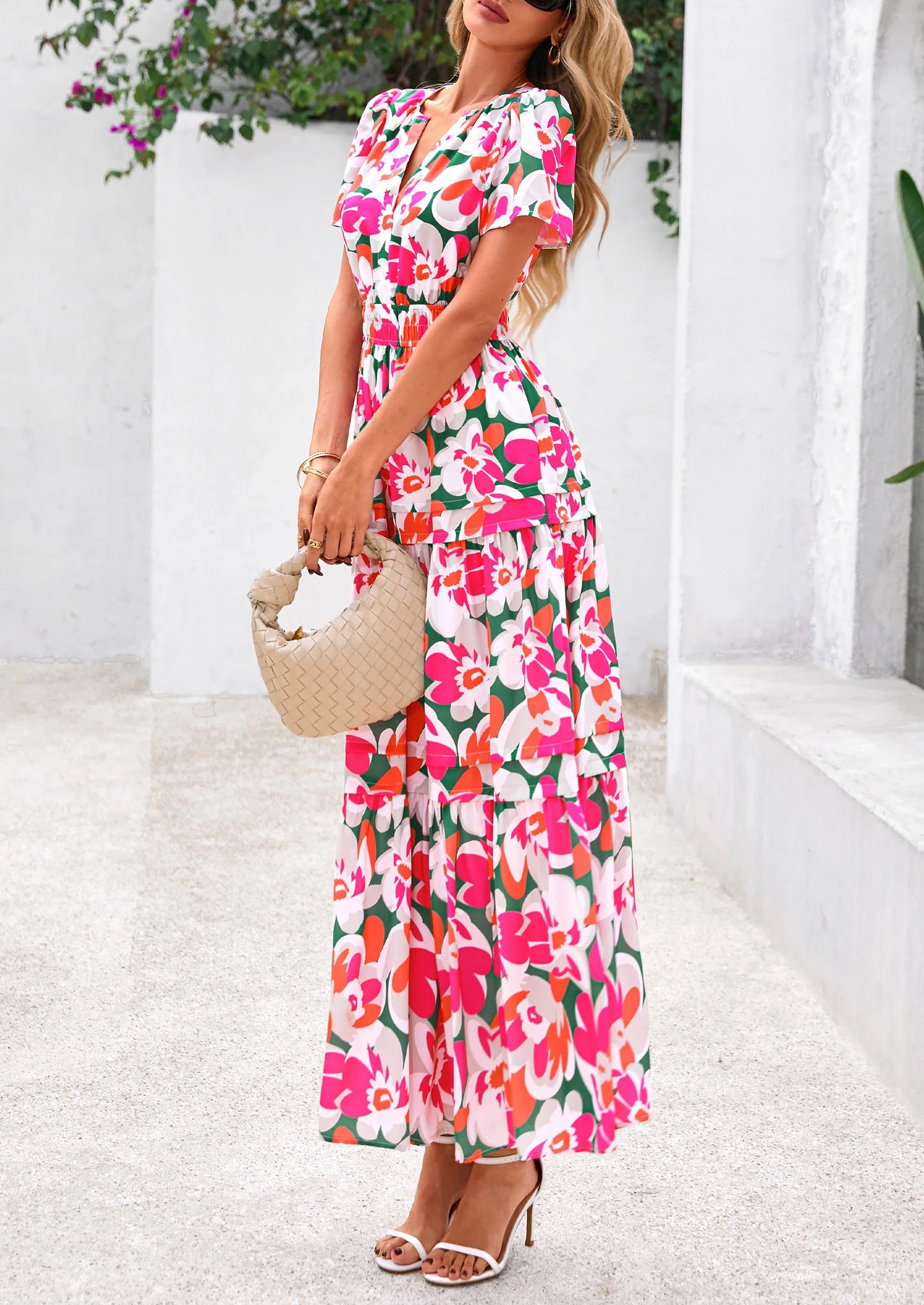 Women's Boho Maxi Dresses Floral Short Sleeve V Neck A Line Tiered Flowy Long Beach Vacation Dress