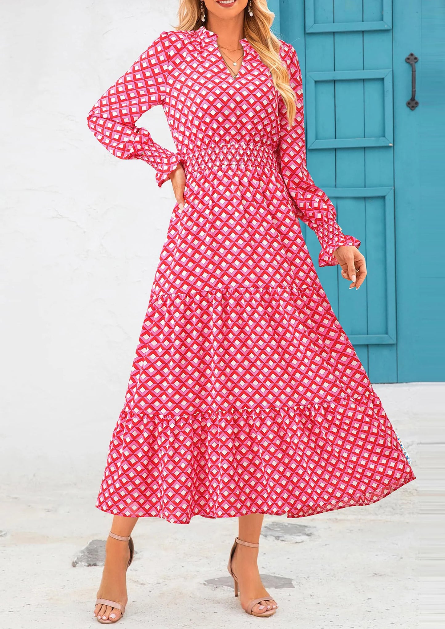 Women's Floral Maxi Dress Spring Long Sleeve V Neck Casual A Line Long Flowy Boho Party Dresses