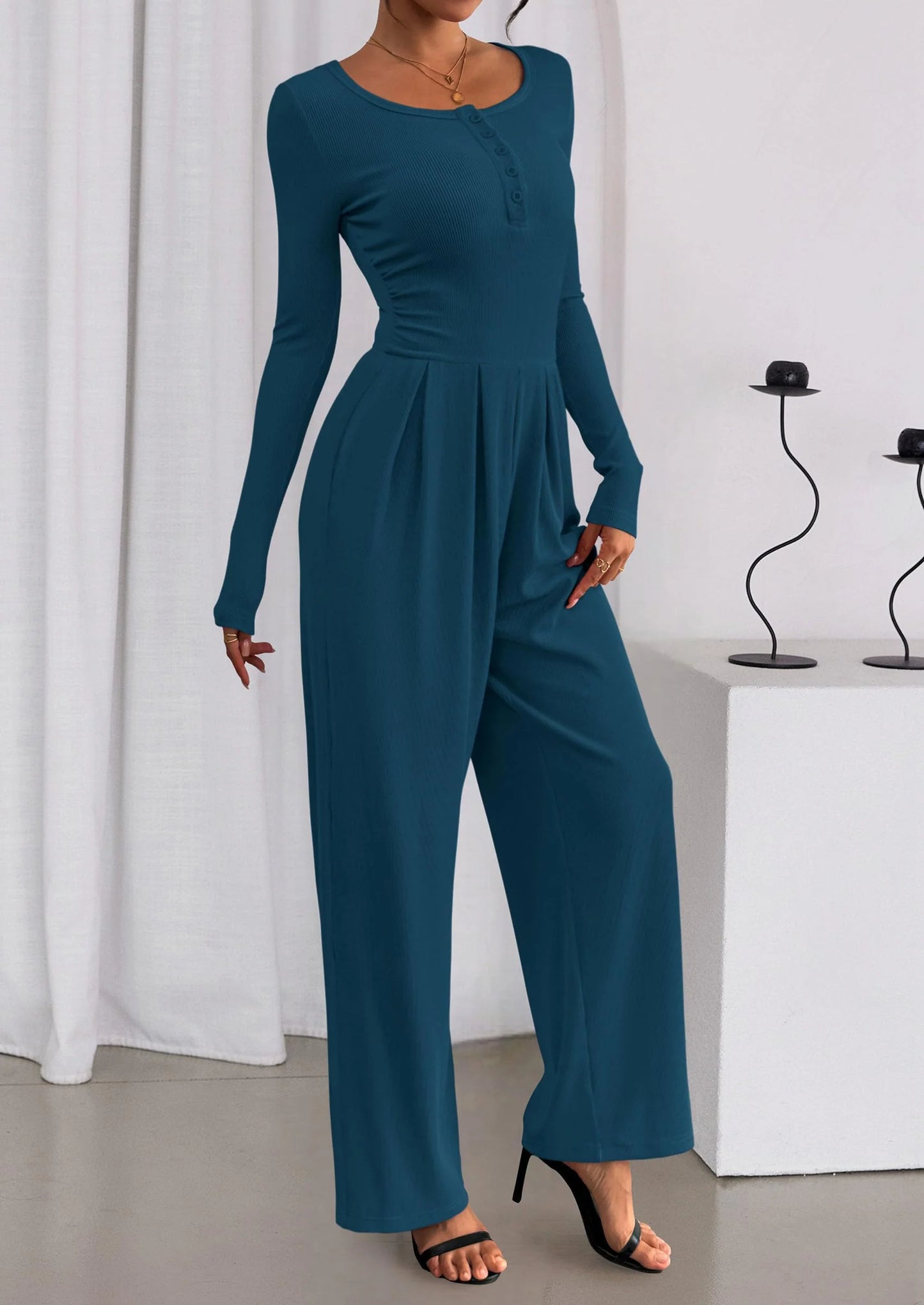 Jumpsuits for Women Dressy Casual Fall One Piece Outfits Long Sleeve Crew Neck Wide Leg Pants Rompers