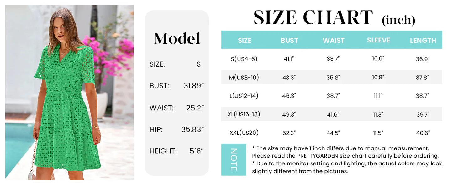Women's Short Sleeve Mini Dress Summer V Neck Hollow Out Eyelet Ruffle A Line Swing Short Dresses