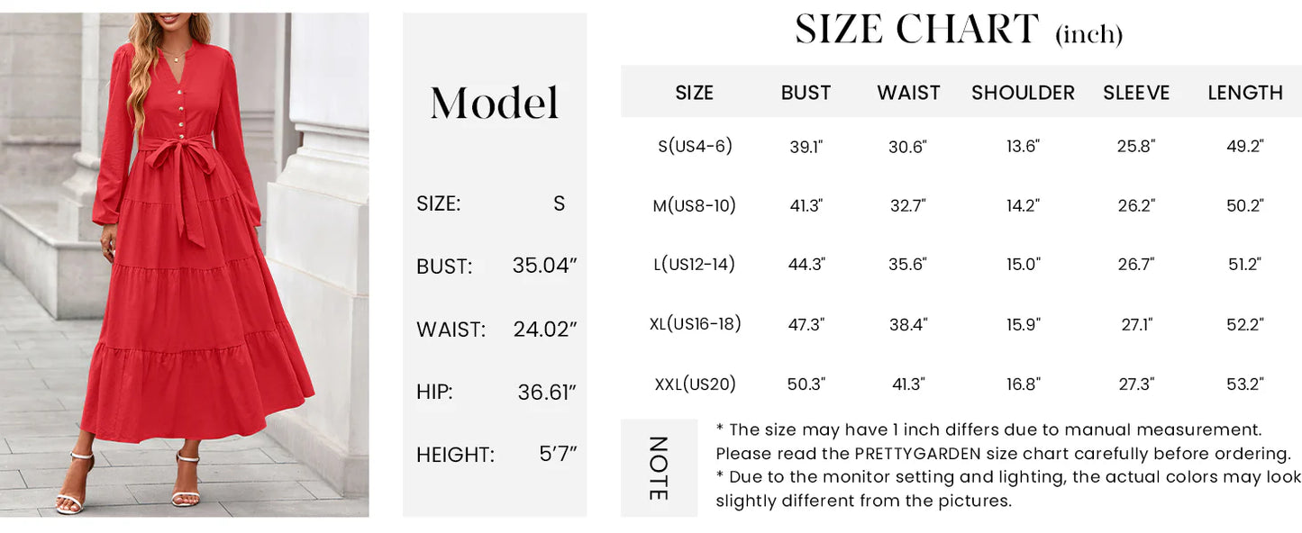 Fall Dresses for Women Long Sleeve V Neck Belted Ruffle A Line Flowy Boho Maxi Wedding Guest Dress Pockets