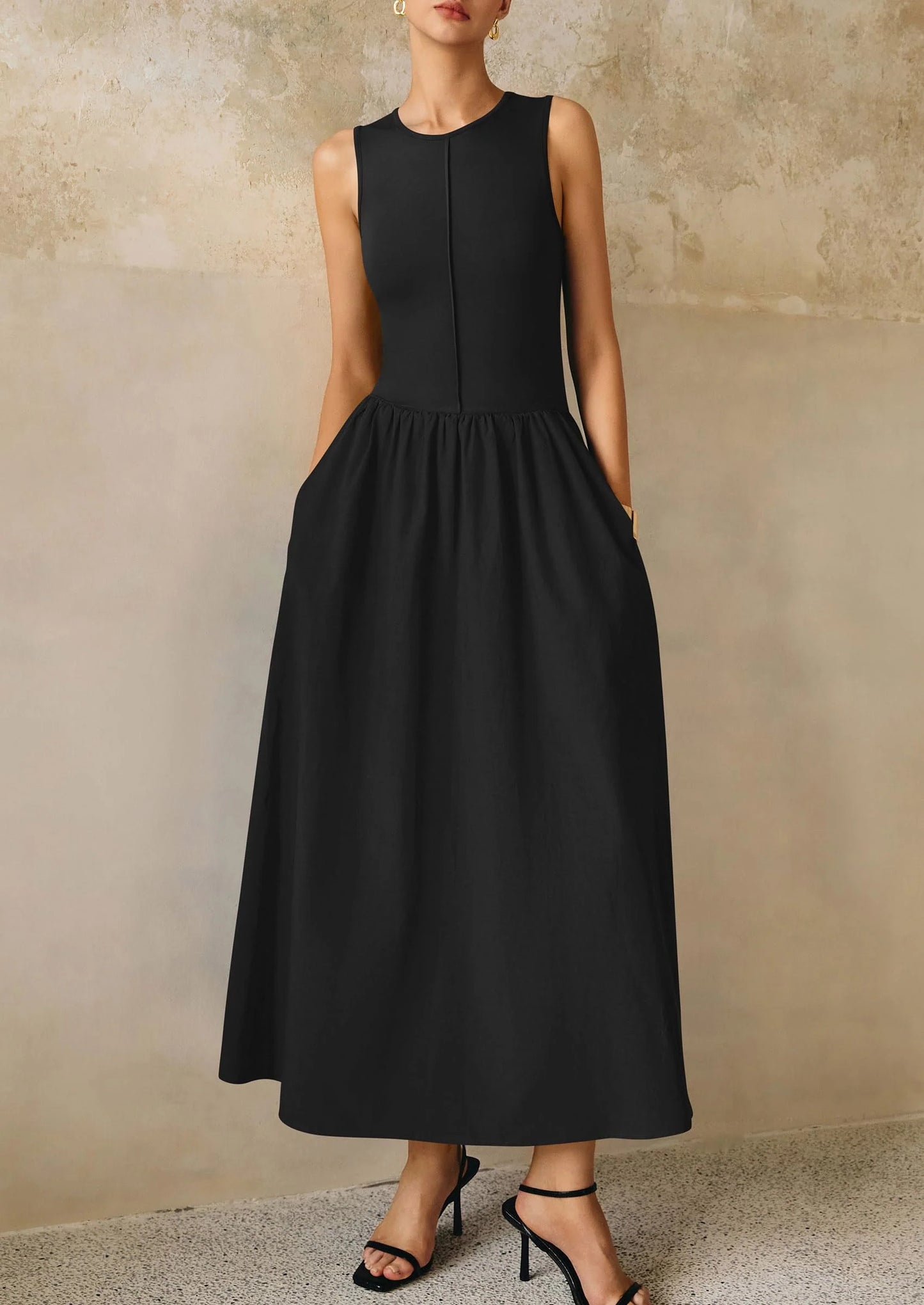 Women Maxi Dresses Casual Sleeveless Patchwork Knit Tank Dress Flowy Beach Sundress Long Dress