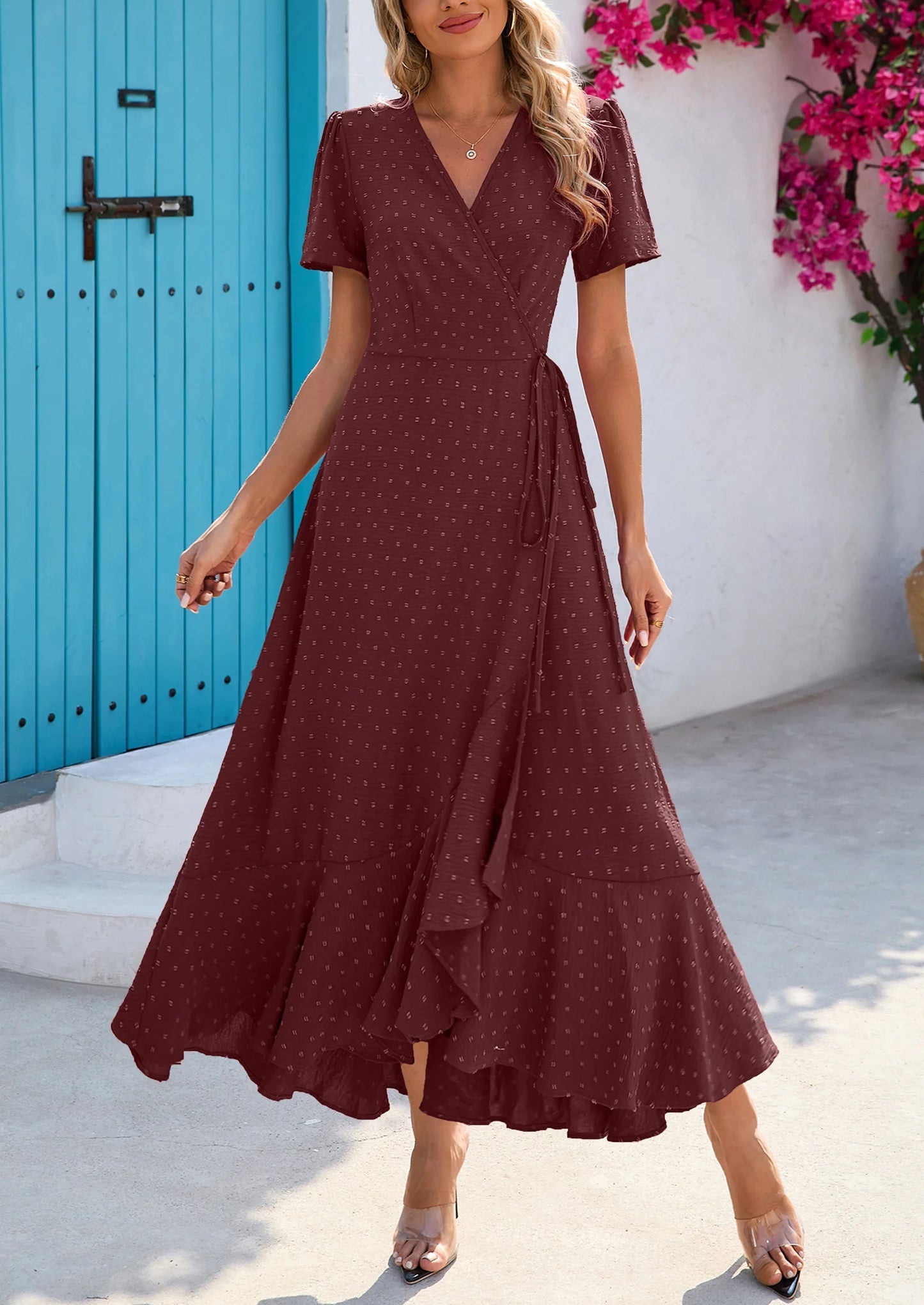 Women's Summer Maxi Dress Casual Wrap Floral Boho Short Sleeve V Neck Split Ruffle Beach Long Dresses