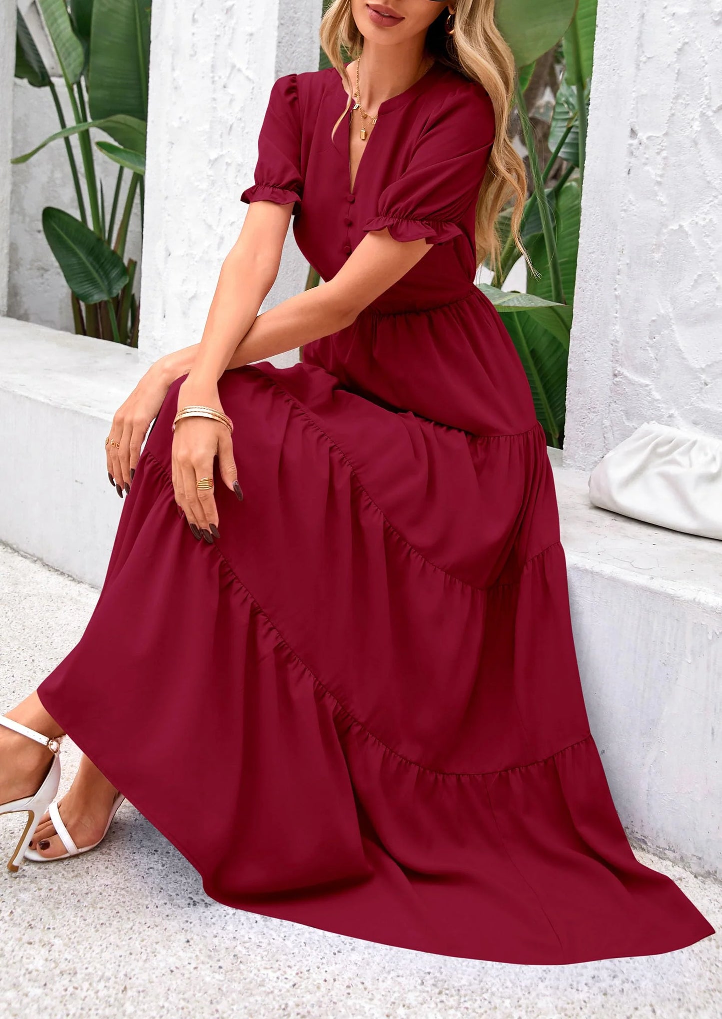 Women's Casual Short Sleeve V Neck Midi Dresses Spring A-line Tiered Wedding Guest Dress