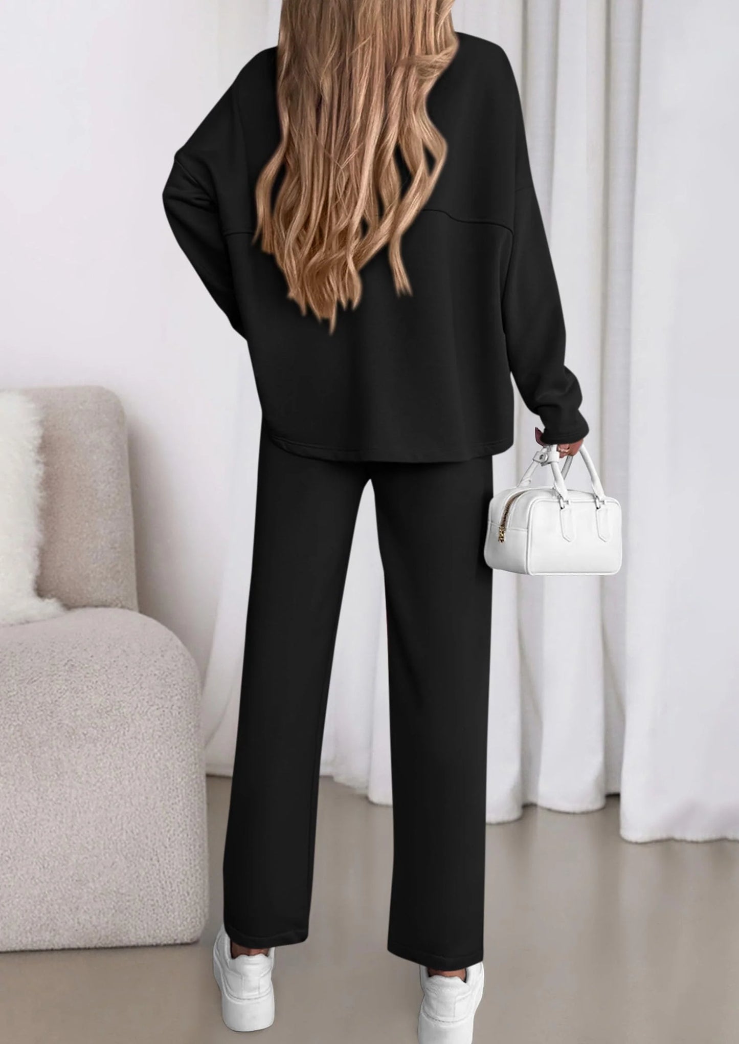 Womens 2 Piece Matching Lounge Sets Fall Long Sleeve Boatneck Sweatsuit Drawstring Sweatpants Pockets