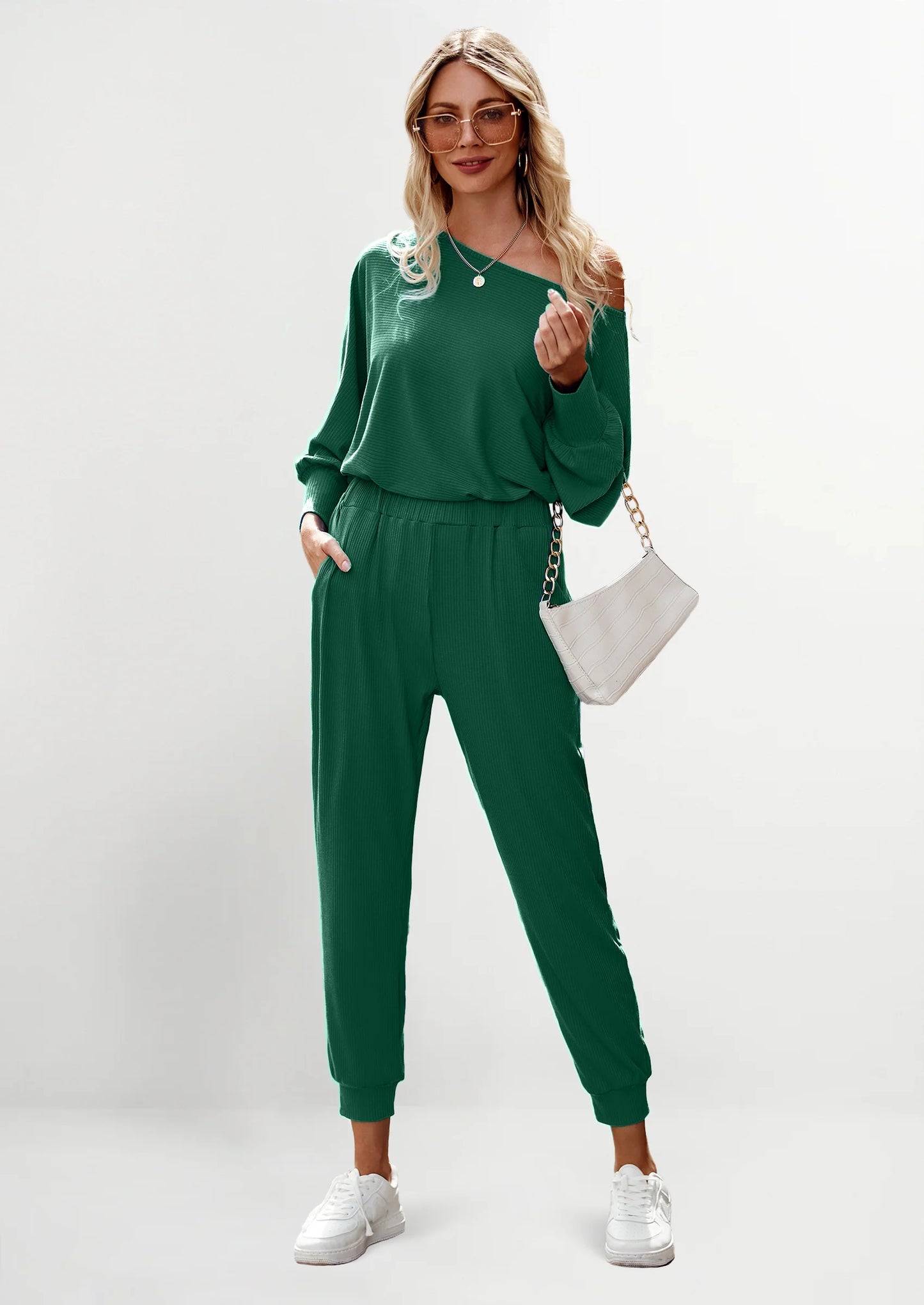 Women's 2 Piece Ribbed Tracksuit Outfits Off Shoulder Long Sleeve Pullover Lounge Pants with Pockets