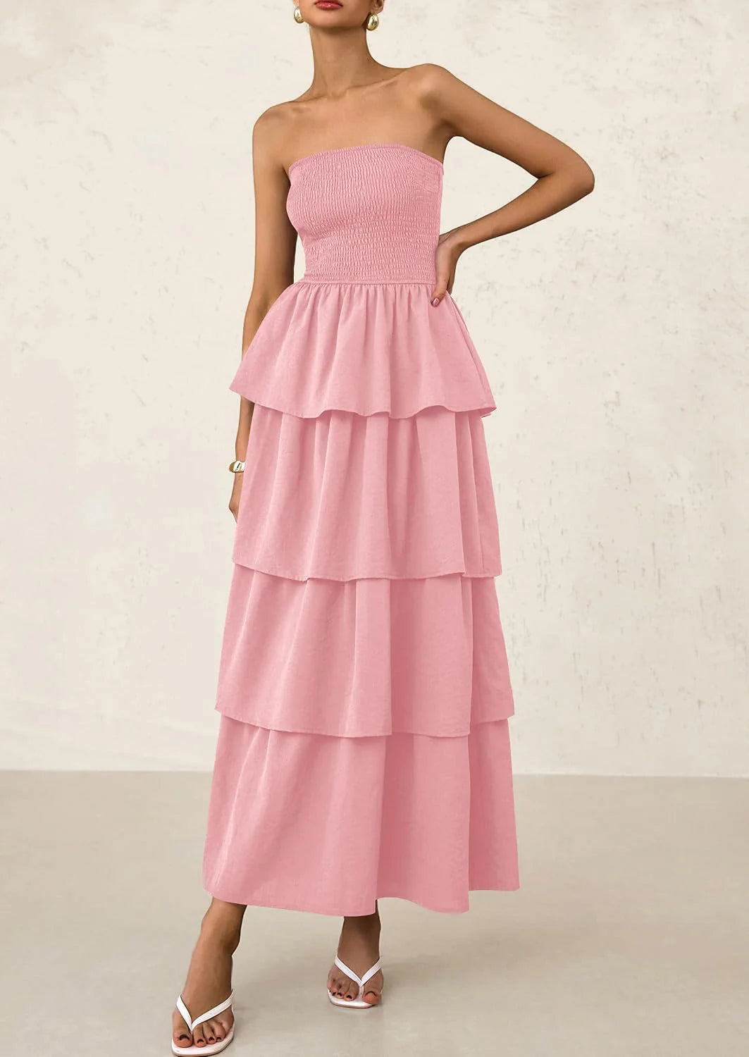 Maxi Dresses for Women Off Shoulder Smocked Tiered Ruffle Long Flowy Wedding Guest Dress