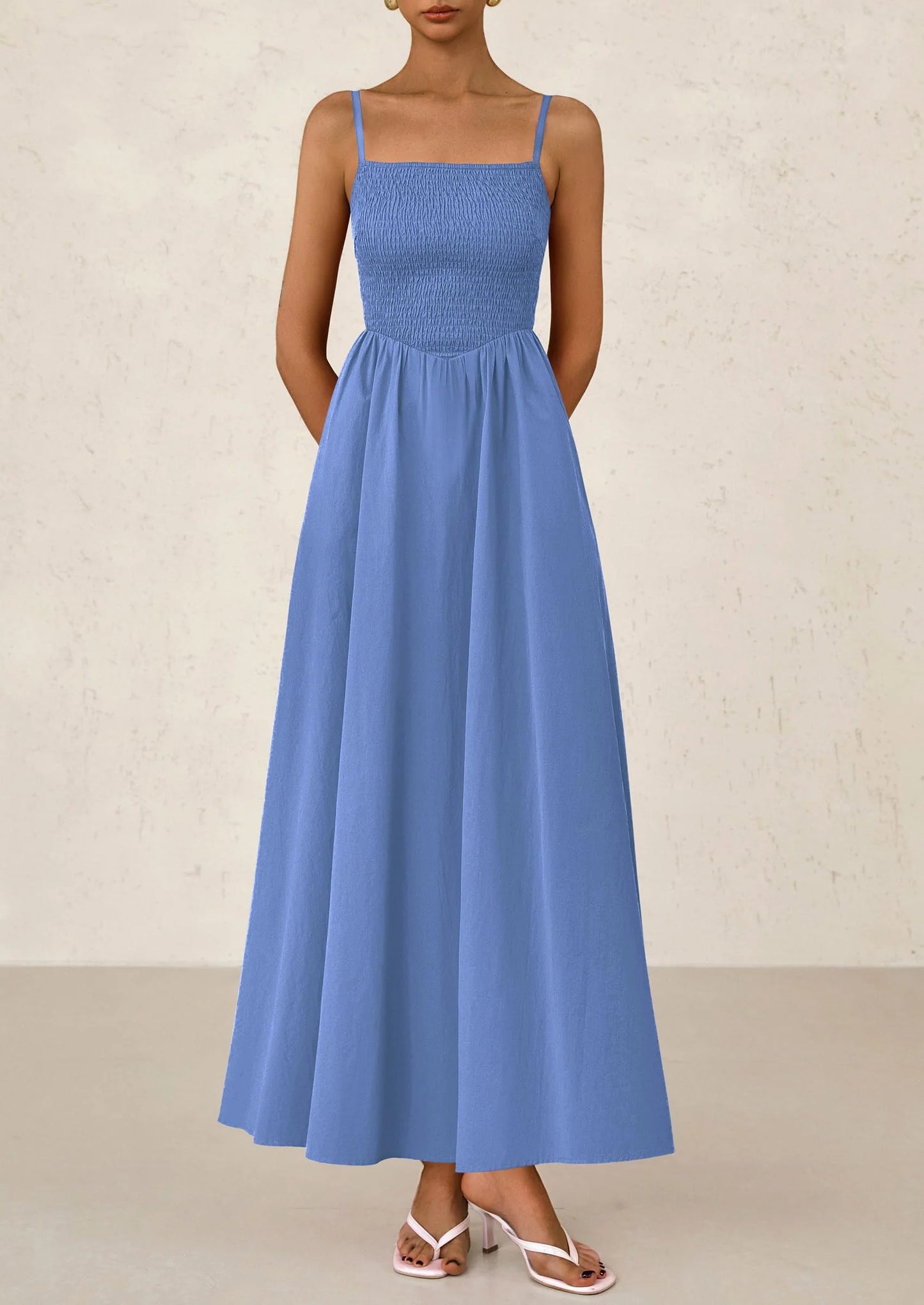 Women's Smocked Maxi Dresses Beach Sundress Casual Spaghetti Strap Swing A Line Long Flowy Dress