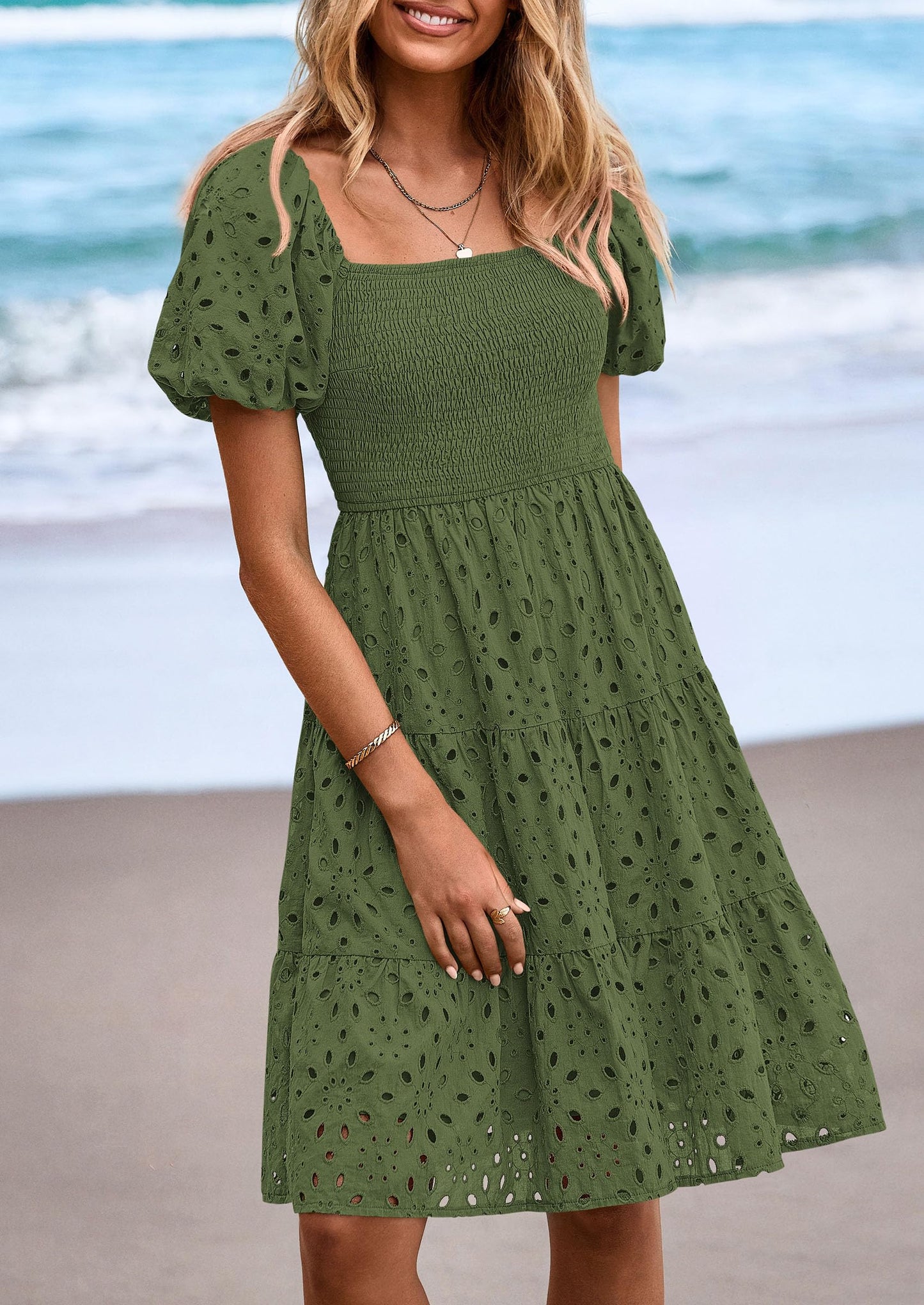 Womens Summer Puff Sleeve Mini Dress Off Shoulder Eyelet Smocked A Line Casual Babydoll Short Dresses