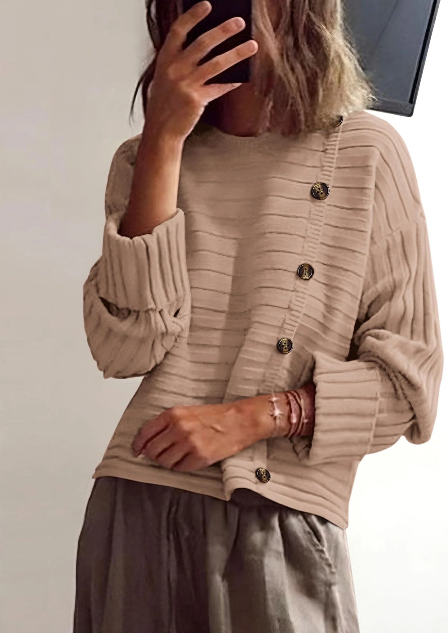Womens Sweaters Fall Casual Long Sleeve Crewneck Button Loose Winter Knit Pullover Sweater Tops